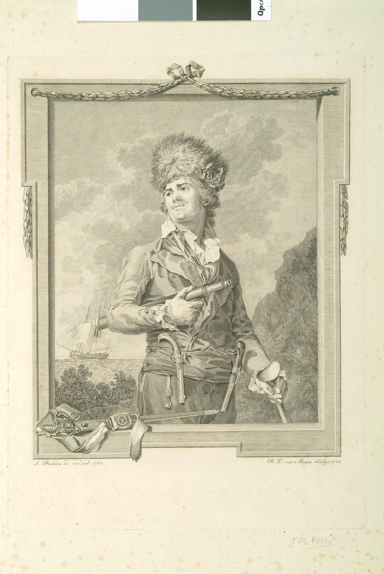 A.0145(179) [nr 0021]; Portret van Kapitein Pieter Le Turc, kijkend naar links met een berenmuts; prent