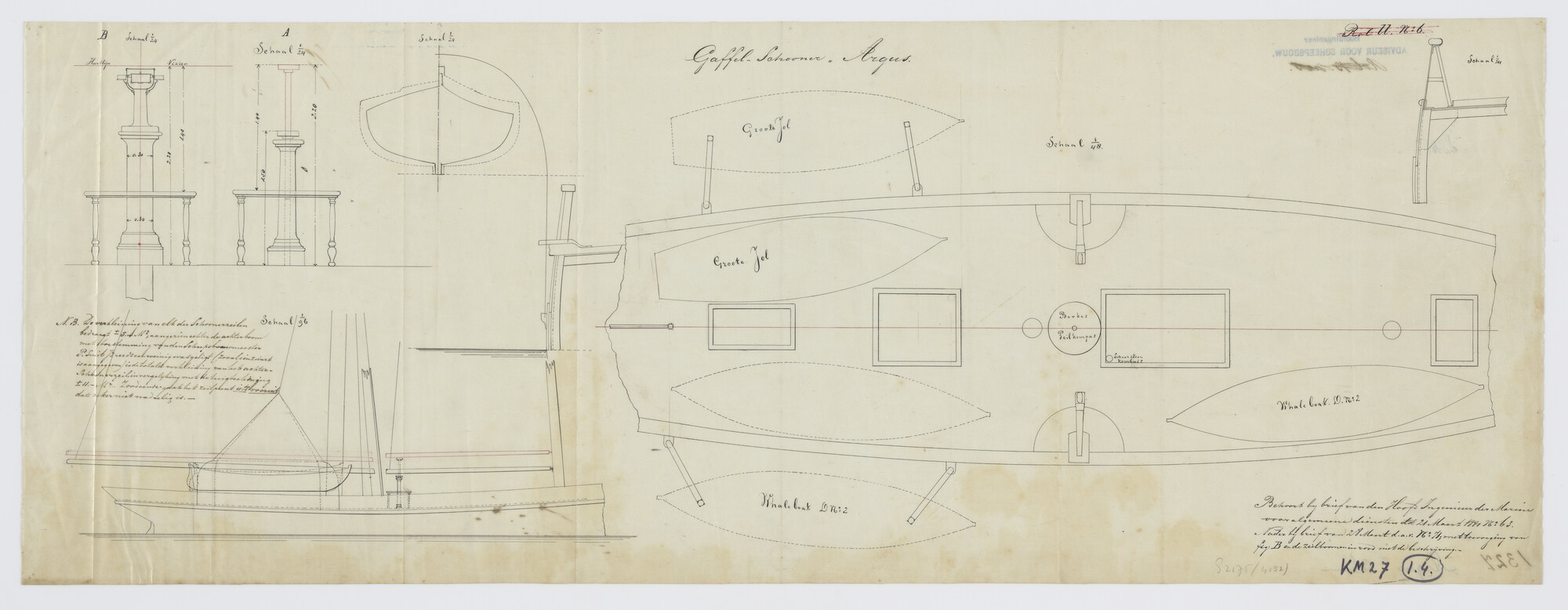 S.2175(4152); Sloephijsinrichting ; kompasstandaard en wijziging schoenerzeil van Zr.Ms. 'Argus'; technische tekening