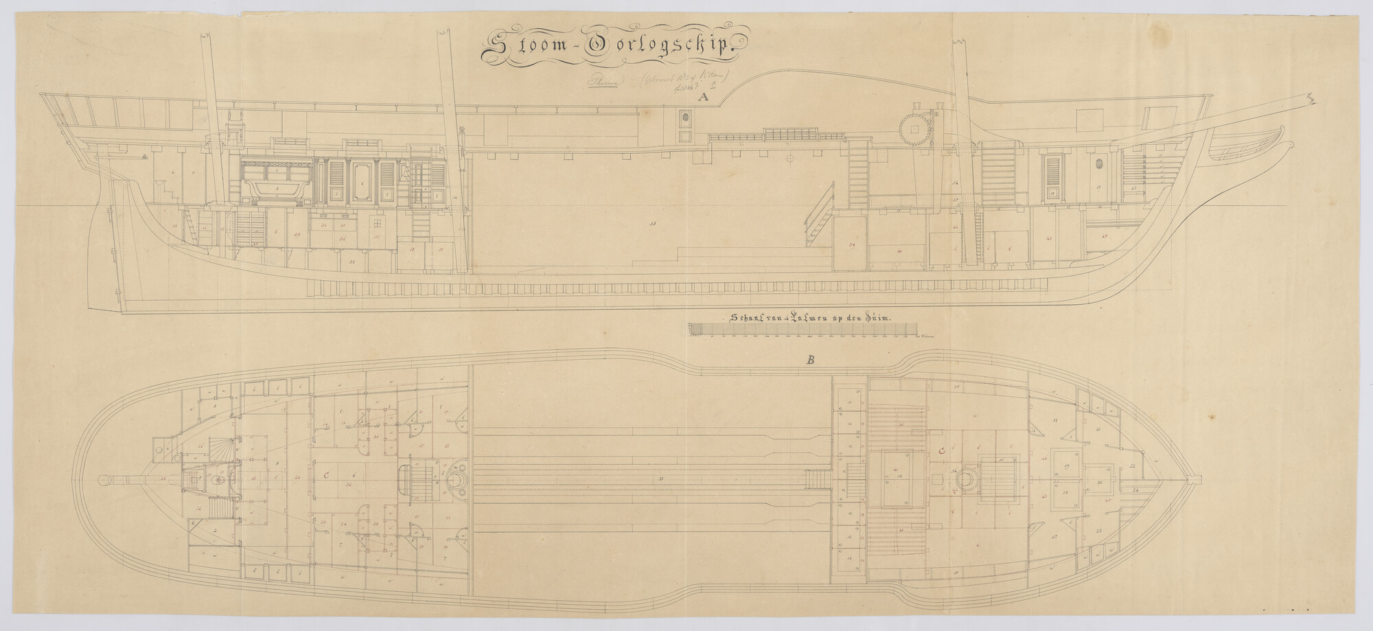 S.0600(01)068; Indelingsplan van het stoomraderschip 3e klasse 'Phoenix'; technische tekening