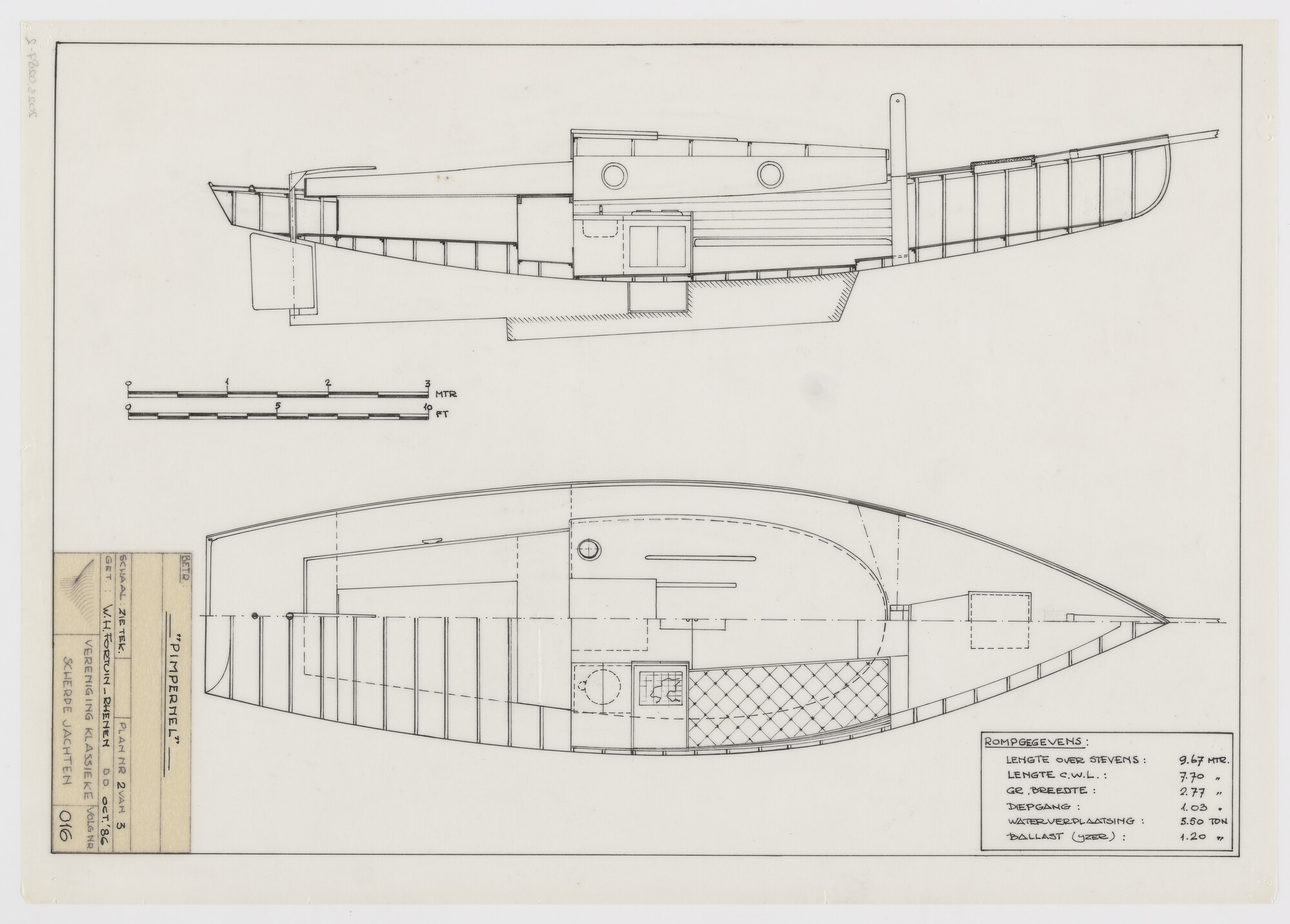 2023.0287-2; Technische tekening van het zeiljacht Pimpernel; technische tekening