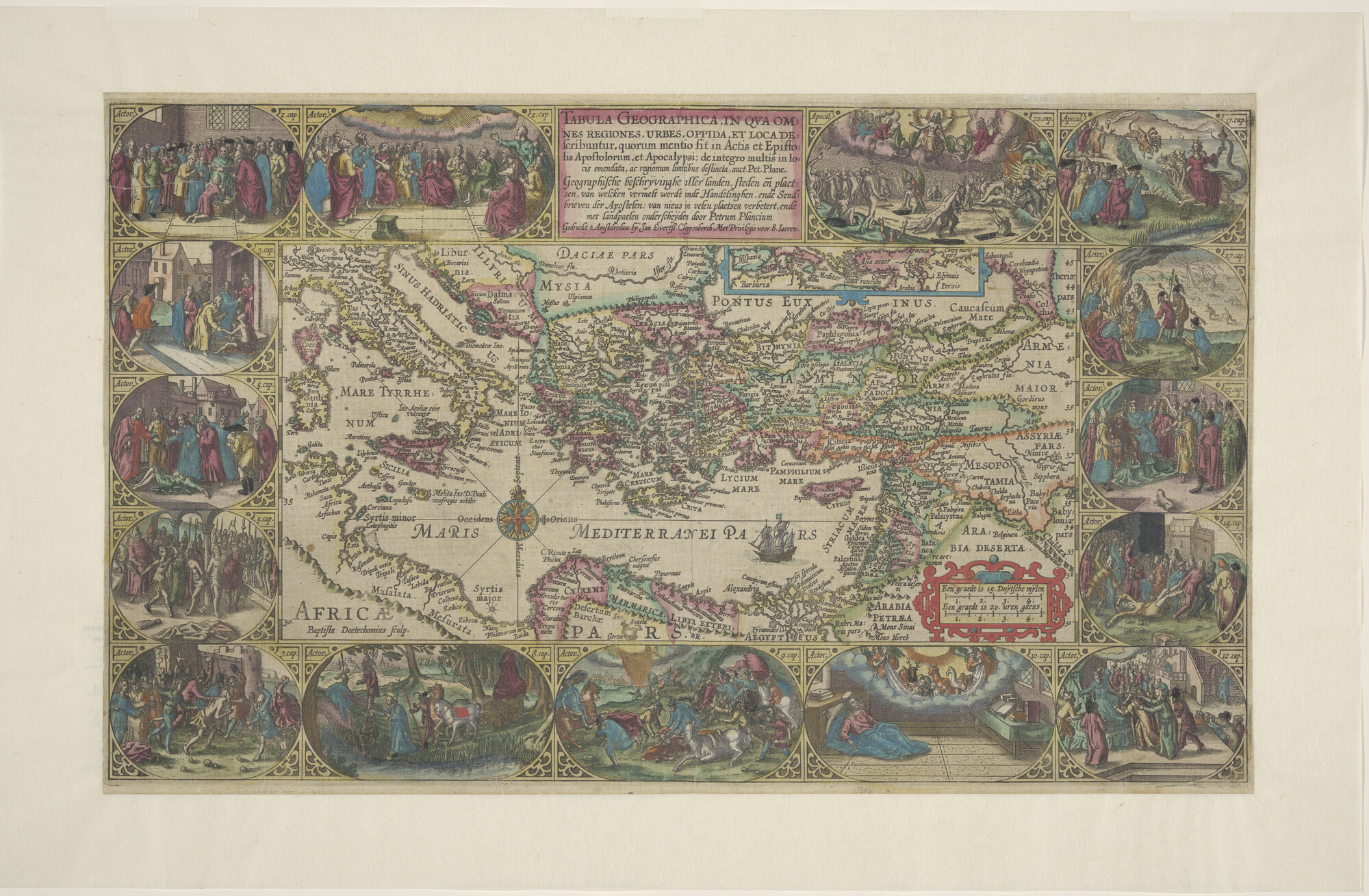 S.2960d; Met de hand gekleurde kaart van het oostelijk deel van de Middellandse Zee en omringende landen door Petrus Plancius (1552 -1622); landkaart