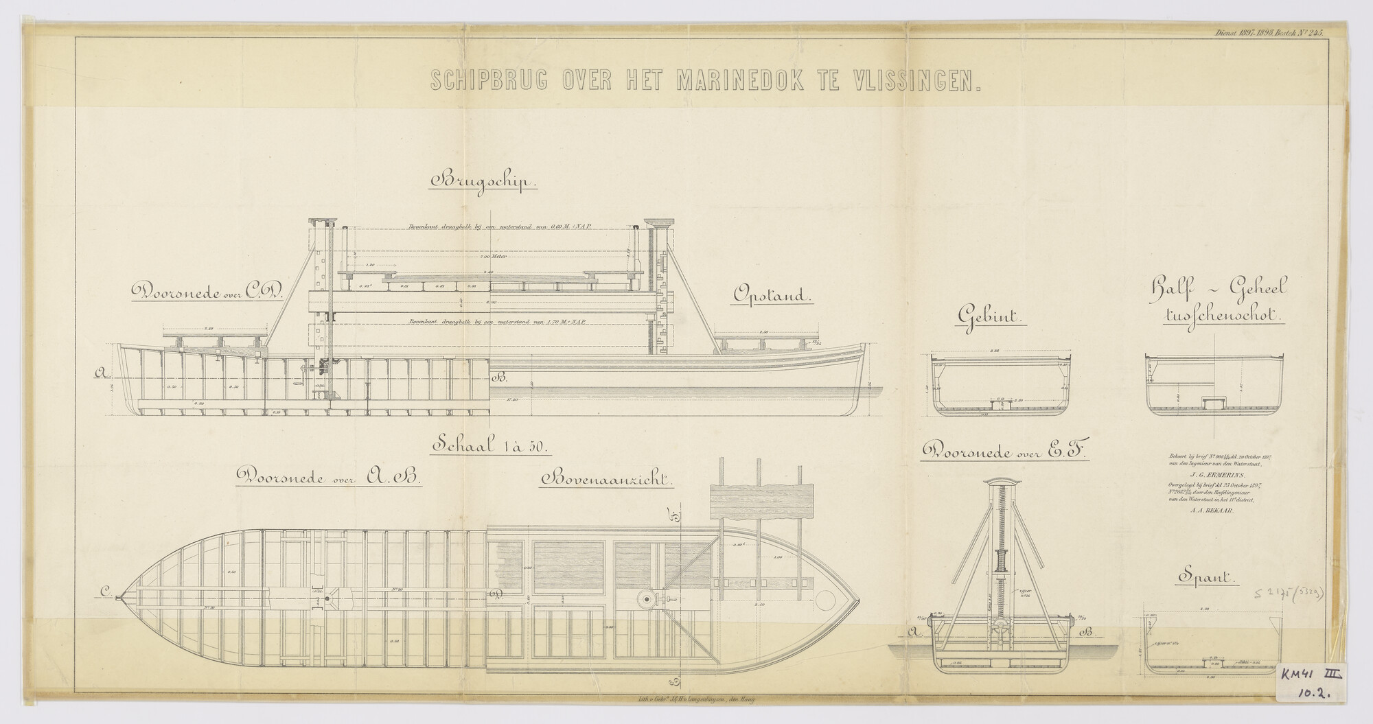 S.2175(5329); Doorsneden en aanzichten van een brugschip uit de schipbrug over het Marinedok bij de Koninklijke Maatschappij 'De Schelde' te Vlissingen; technische tekening