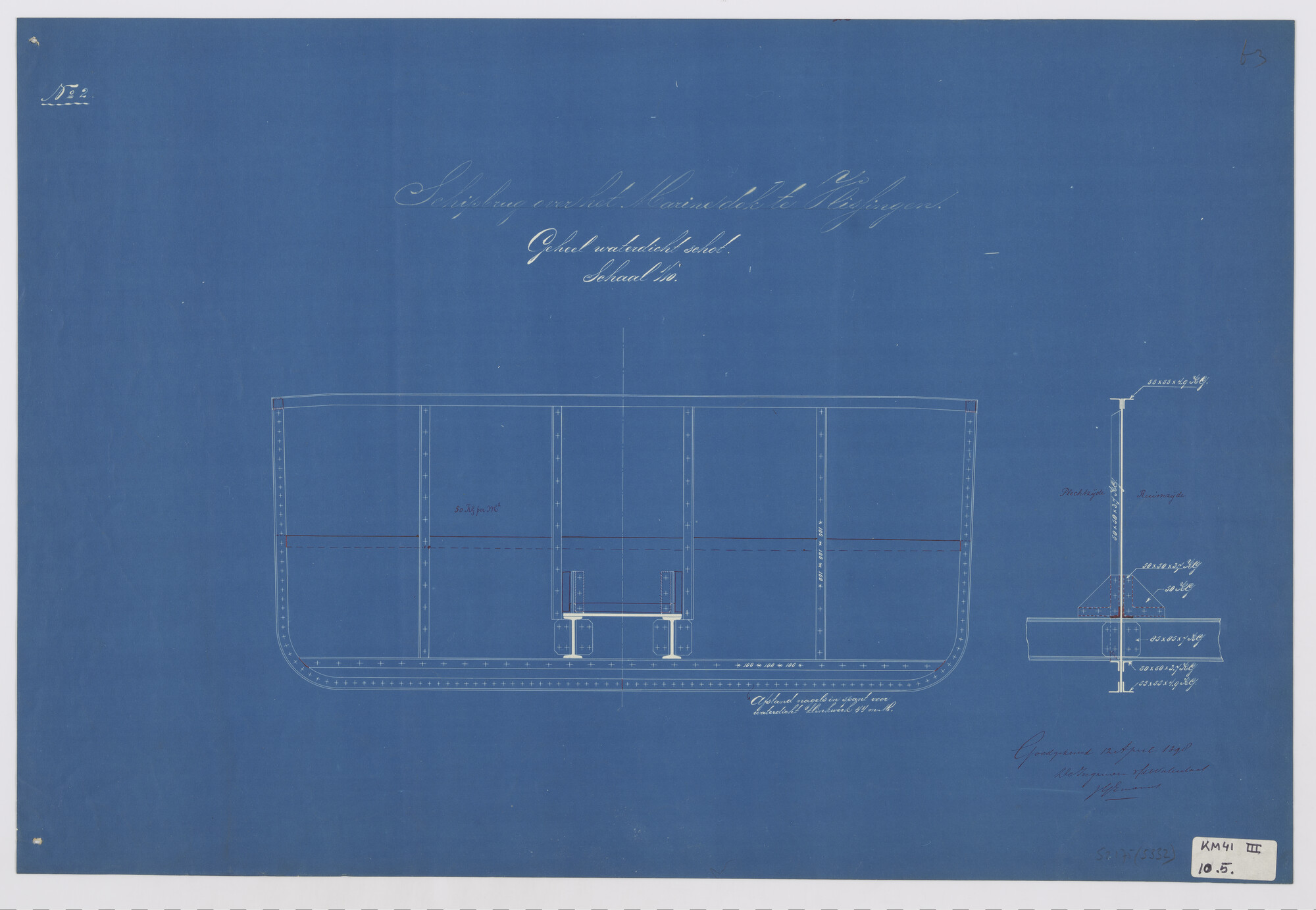 S.2175(5332); Doorsnede over een waterdichtschot van een brugschip uit de schipbrug over het Marinedok bij de Koninklijke Maatschappij 'De Schelde' te Vlissingen; technische tekening