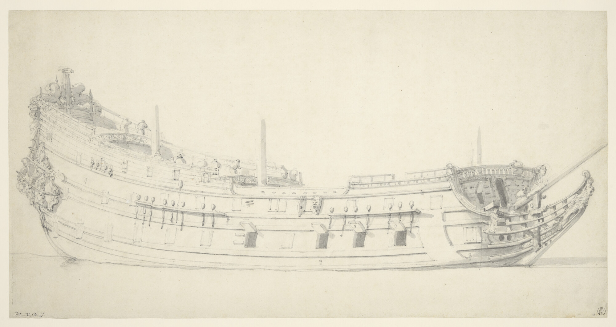 A.0149(0154); Een Nederlands oorlogsschip van ongeveer 60 stukken; tekening