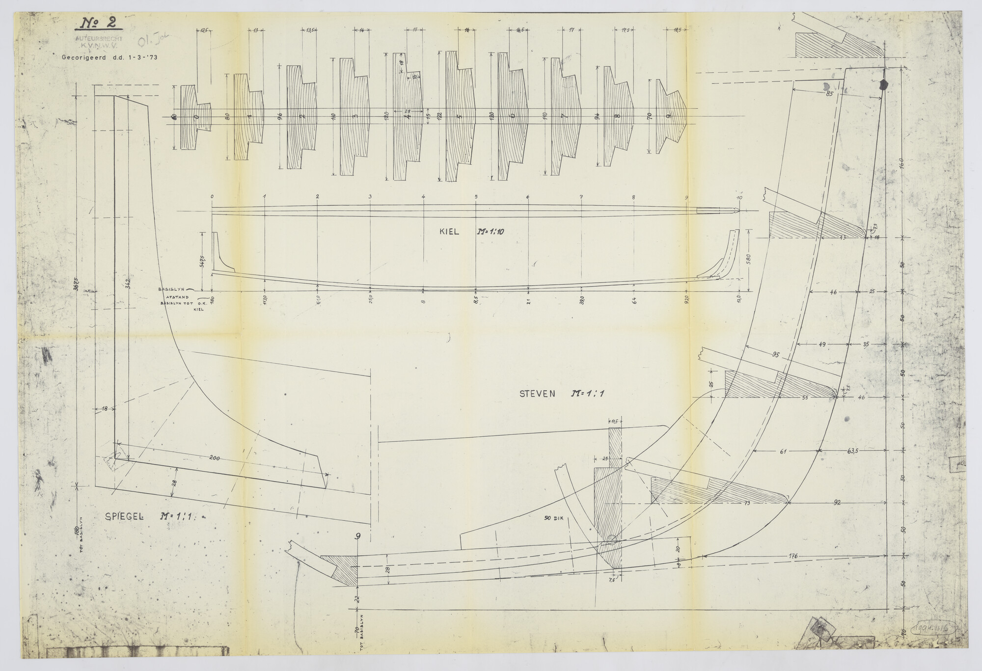 1994.1116; Constructietekening kiel, steven en spiegel van de Olympiajol; technische tekening