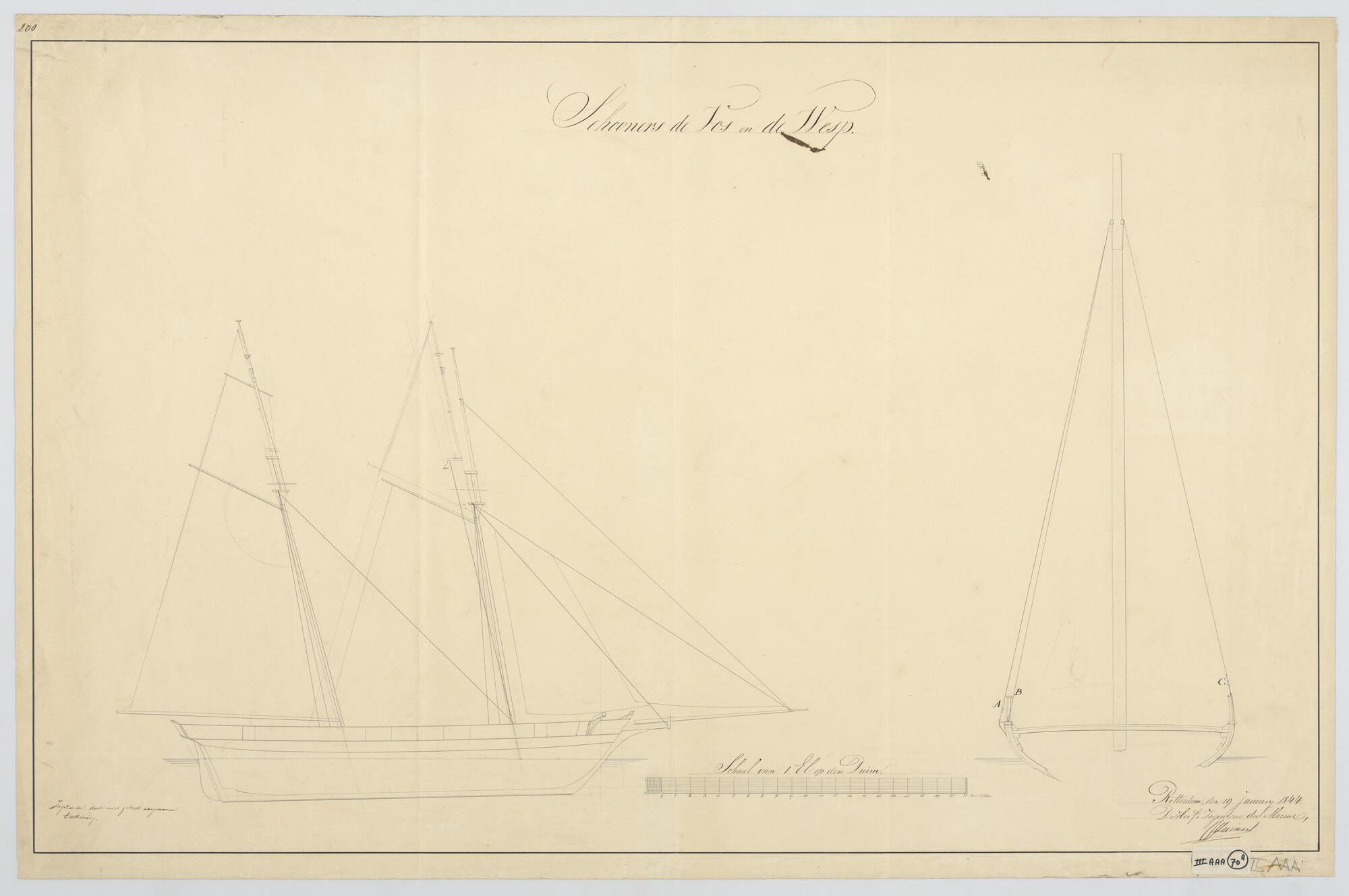 S.0600(01)070; Tuigplan van de schoeners Hr.Ms. 'Vos' en 'Wesp'; technische tekening