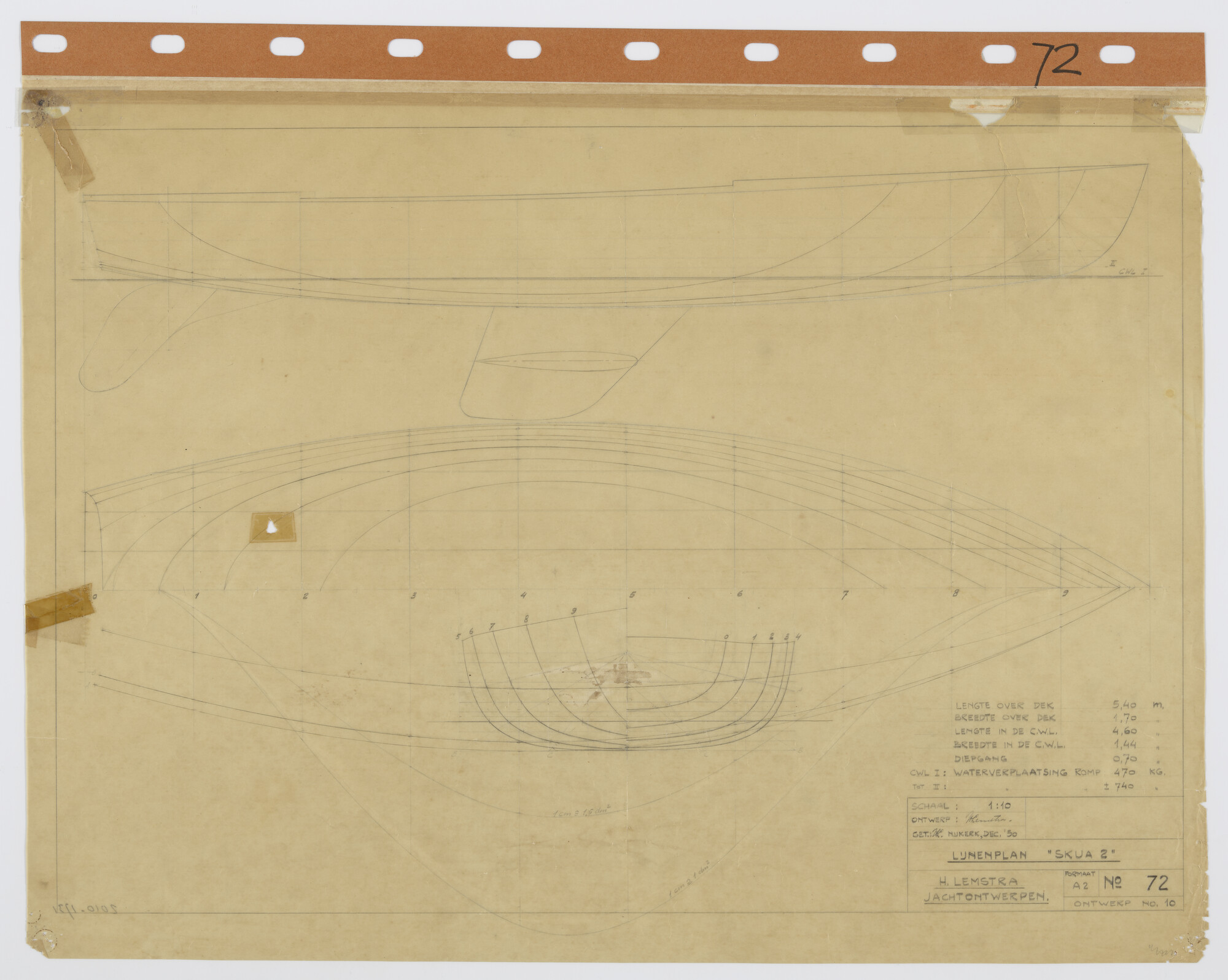 2010.1731; Lijnenplan van de zeilboot SKUA 2 van 5.40 m; technische tekening