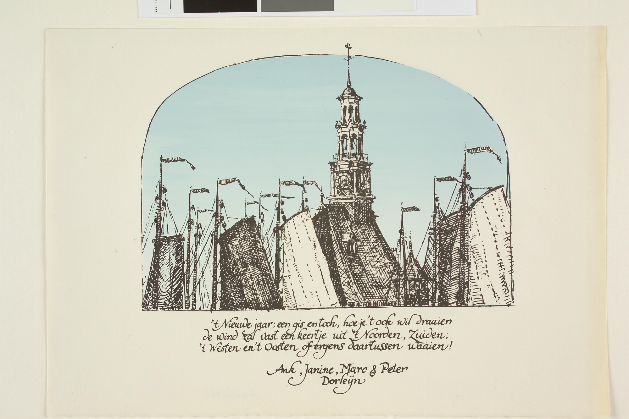 A.5461(06); Nieuwjaarswens van Peter Dorleyn en zijn gezin: op de achtergrond de hoofdtoren van Hoorn; prent