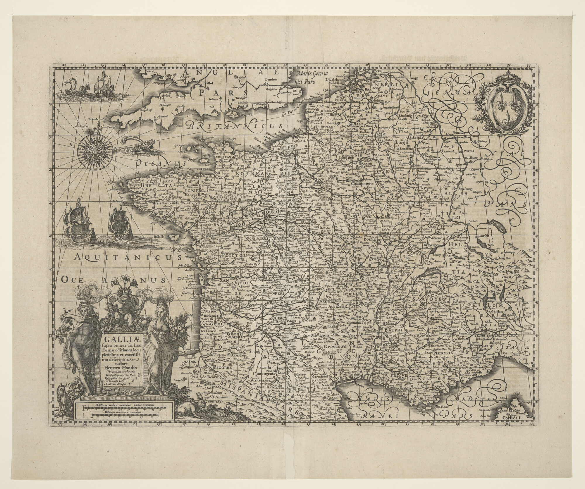 A.3845(01)005; Kaart van Frankrijk door Henricus Hondius (1597 - 1651), Amsterdam, 1631; landkaart