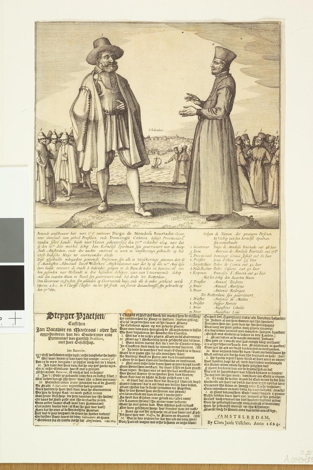 A.0145(250)2; Afbeelding van veertien door Admiraal Jacob Willekes in Brazilië gevangen genomen personen; prent