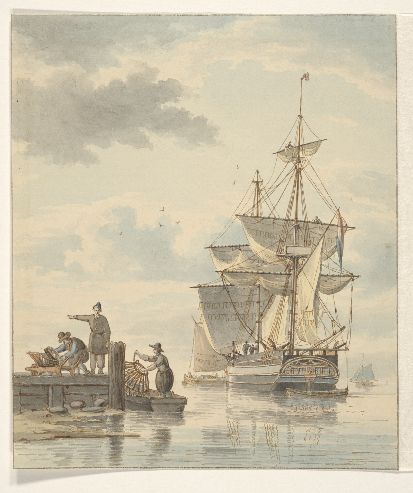 S.1603(48); Een brikschip voor anker liggend nabij een havenhoofd; tekening