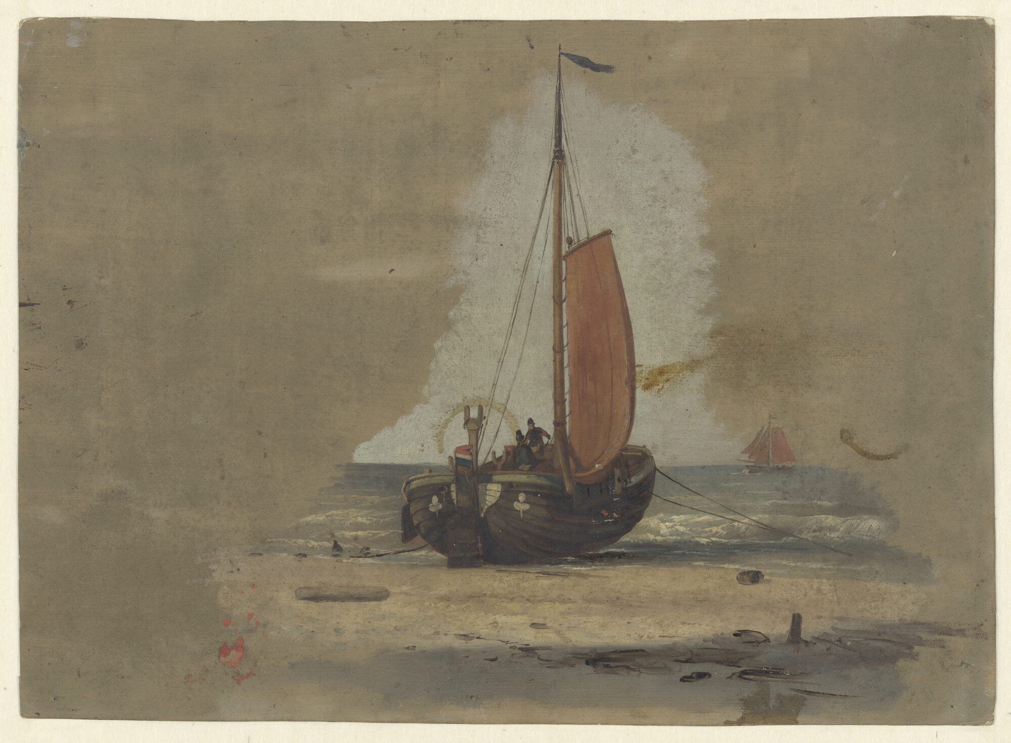 S.0634(01)d; Een visserspink (bomschuit) op het strand; tekening