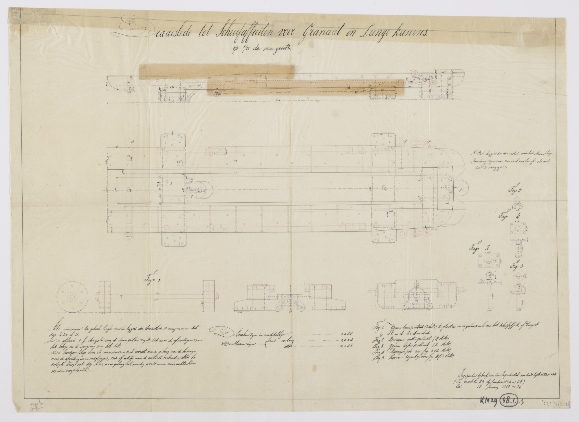 S.2175(4526); Draaislede tot schuifaffuiten voor granaat- en lange kanons; technische tekening