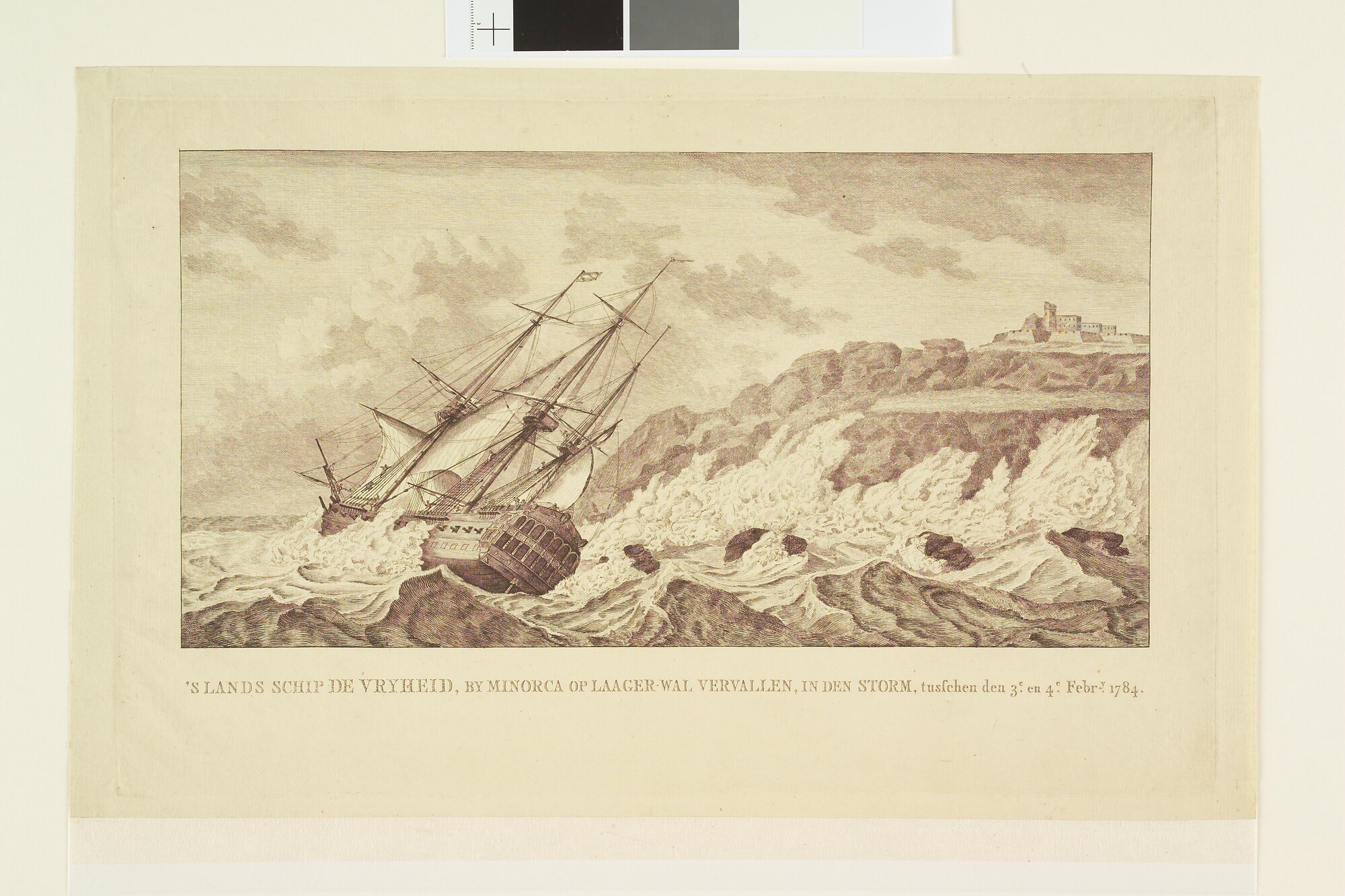 A.3002(06); Het oorlogsschip 'Vrijheid' aan lager wal bij Minorca, 1784; prent