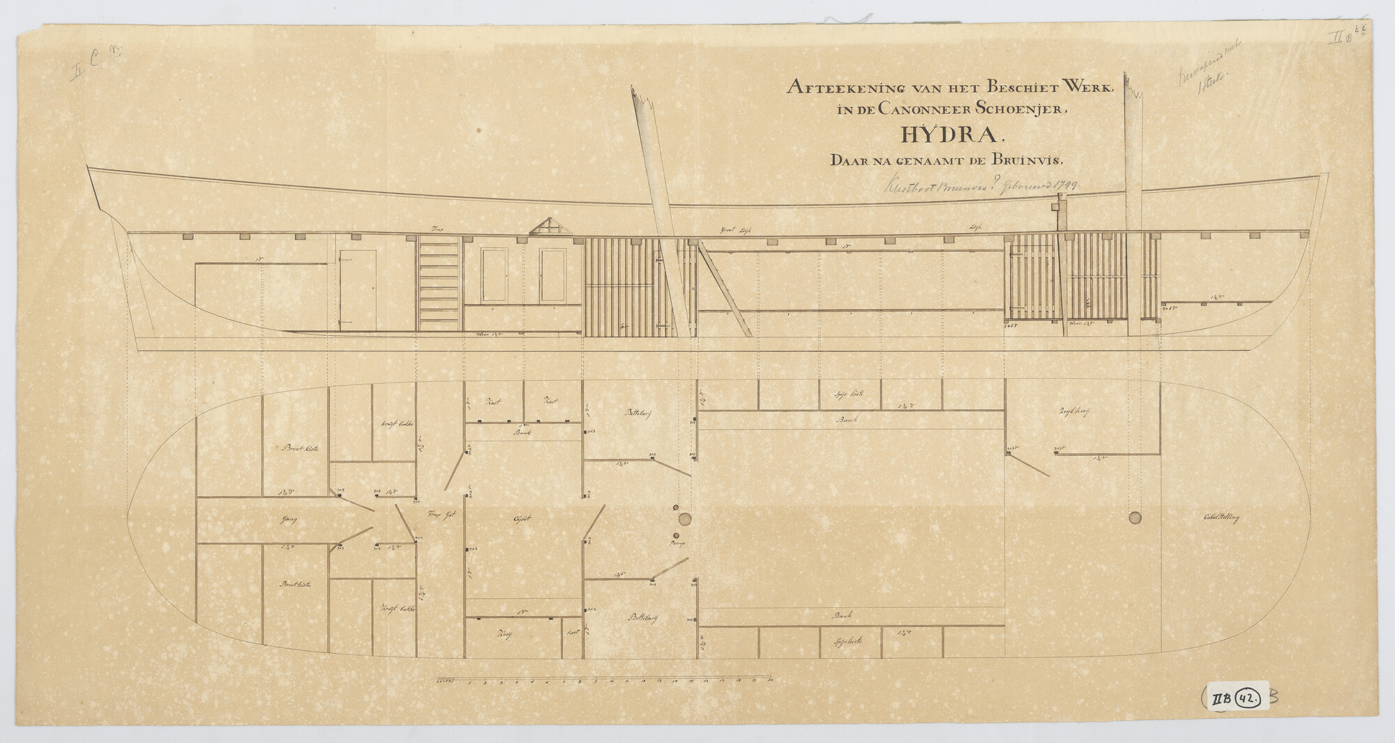 A.0149(0911); Indelingsplan van de kanonneerschoener 'Hydra'; technische tekening