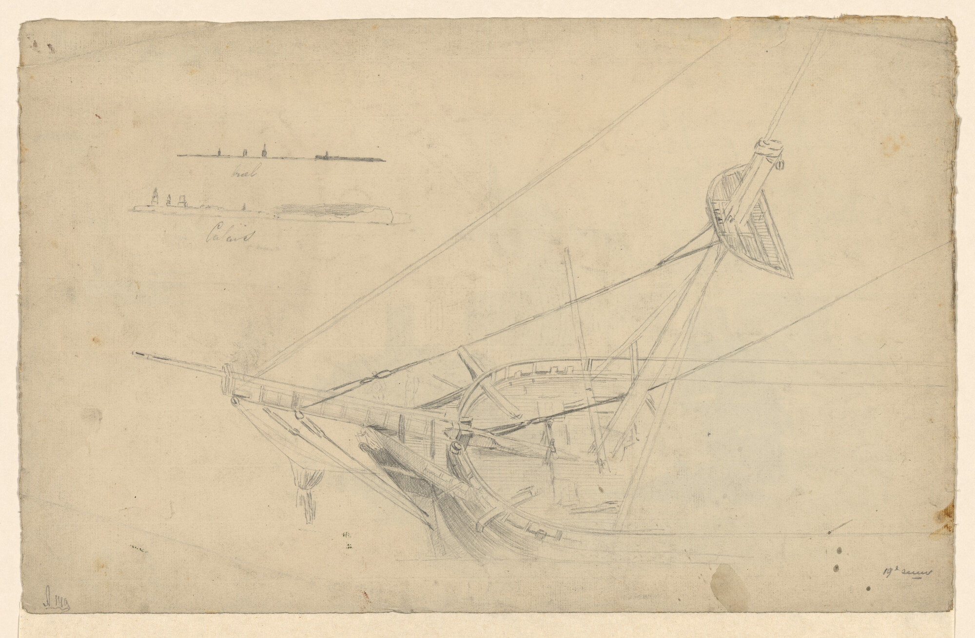 A.0149(0440); Schetsblad met o.m. een zeilschip en landverkenningen; tekening