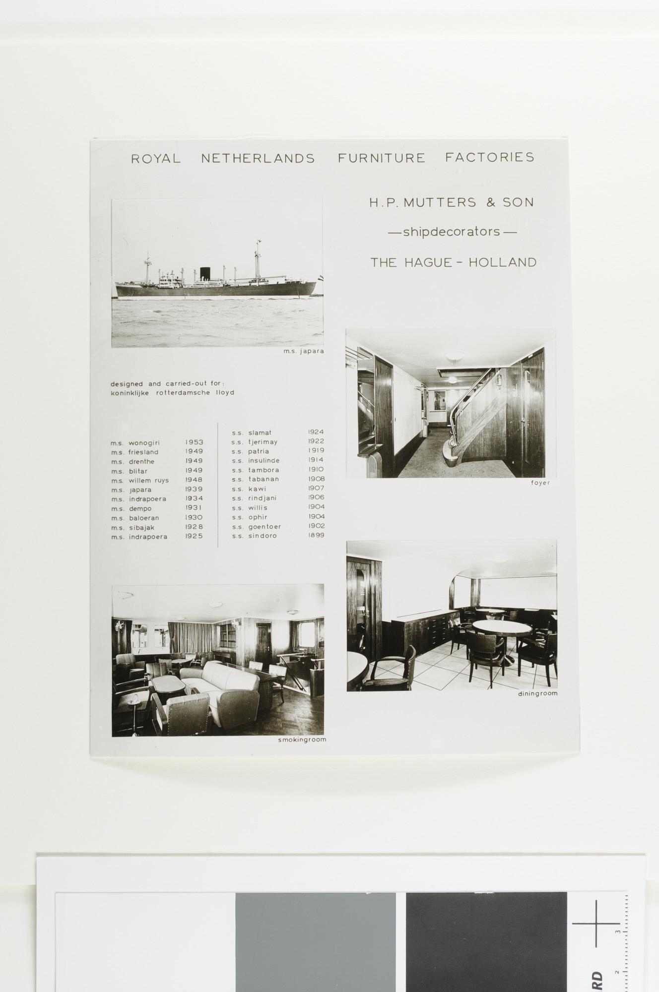 A.5023(07); Reproductiefoto's van het vracht-passagiersschip ms. Japara en het scheepsinterieur ontworpen door H.P. Mutters & Zn; foto