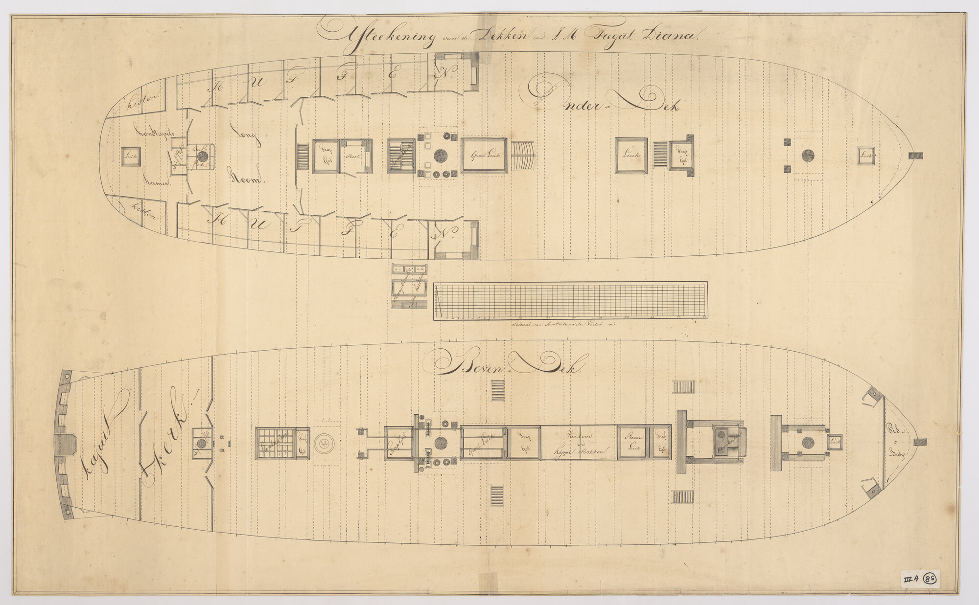 A.0149(0944); Dekplan van het fregat.'Diana'; technische tekening