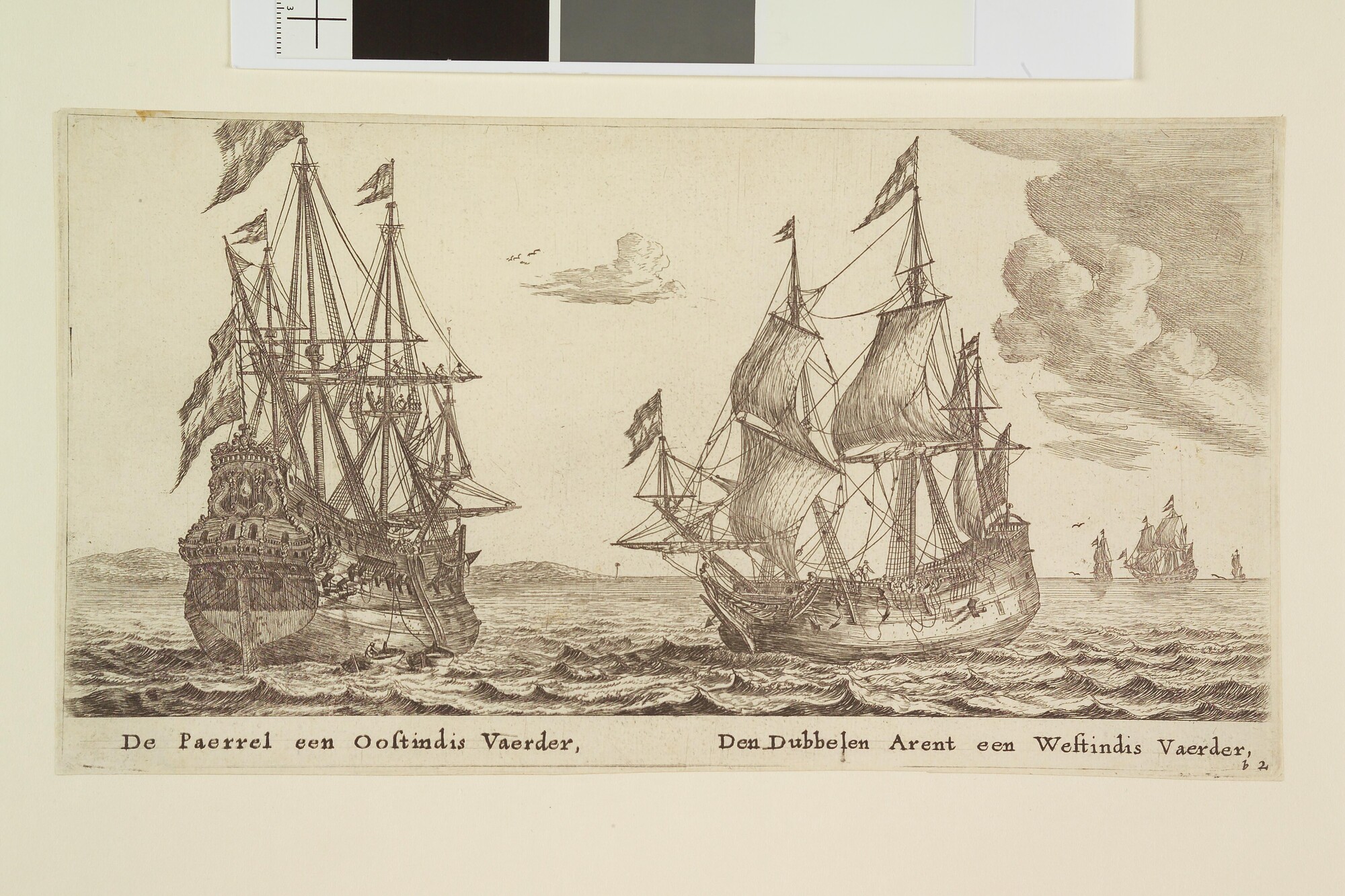 A.0149(0277); Het retourschip 'Parel' en de Westindiëvaarder 'Dubbele Arend'; prent