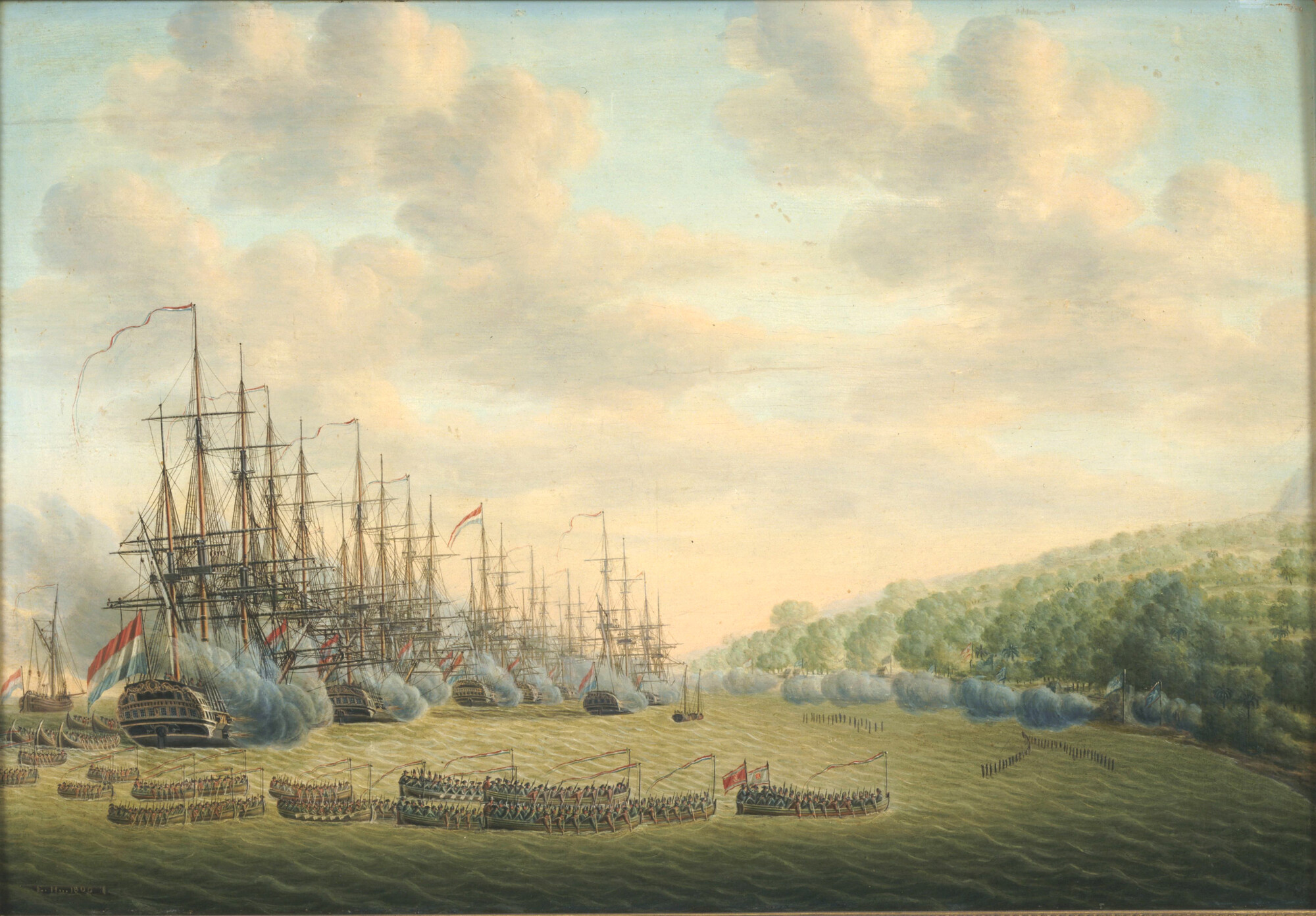 A.1245(02); Landing van 's Lands eskader onder commando van kapitein J.P. van Braam op de kust van Malakka; schilderij