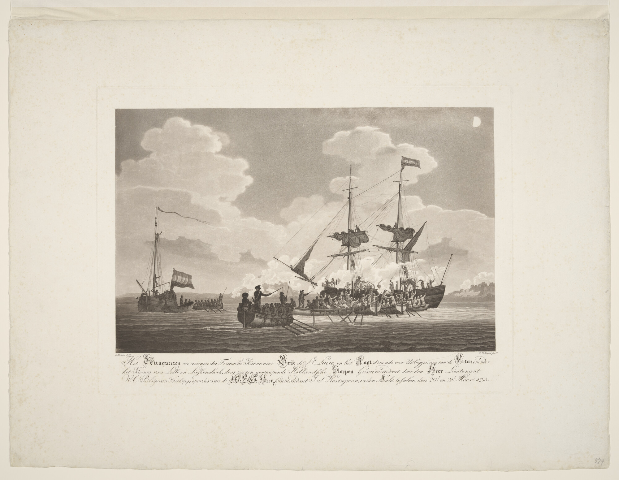 A.1372(01); Het attaqueeren en neemen der Fransche Kanonneer Brik de Ste Lucie door zeeven gewaapende Hollandsche Sloepen [...]; prent