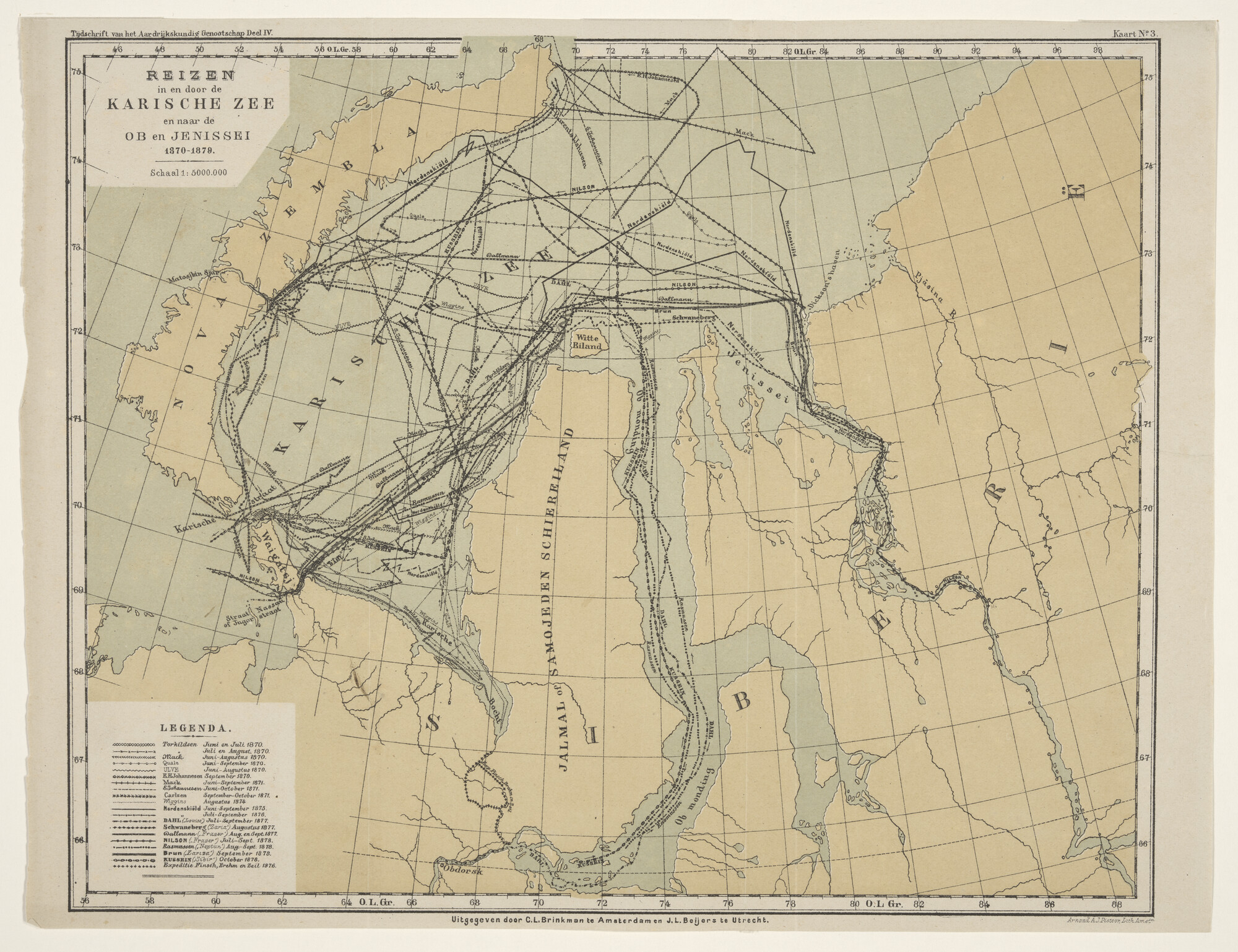 1998.3446; Kaart van de Karazee met reisroutes van poolschepen tussen 1870 - 1879; kaart