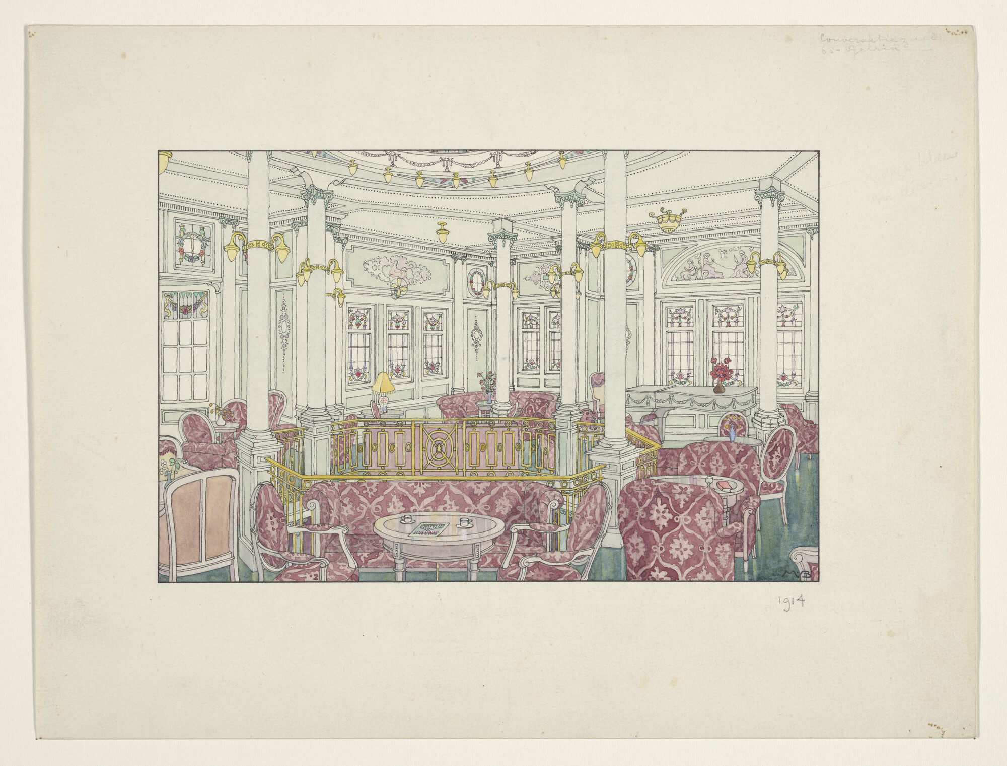 A.4894(05); De conversatiezaal van het schroefstoomschip 'Gelria', 1914; tekening