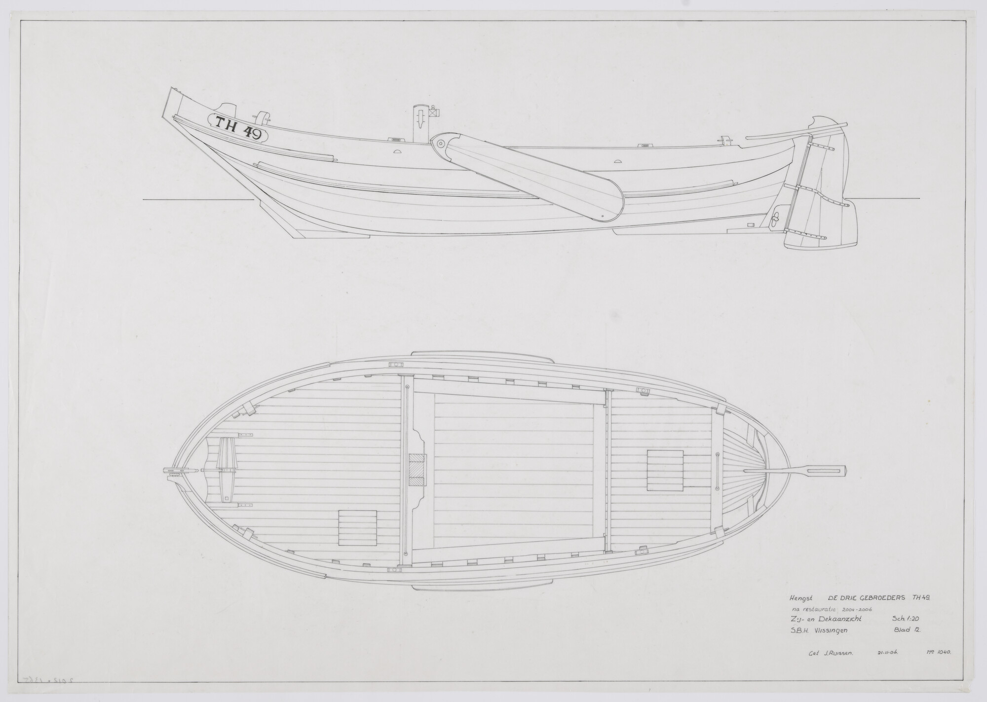 2012.1365; Algemeen plan van de hengst 'De Drie Gebroeders' TH 49 van 12 meter over de stevens; technische tekening