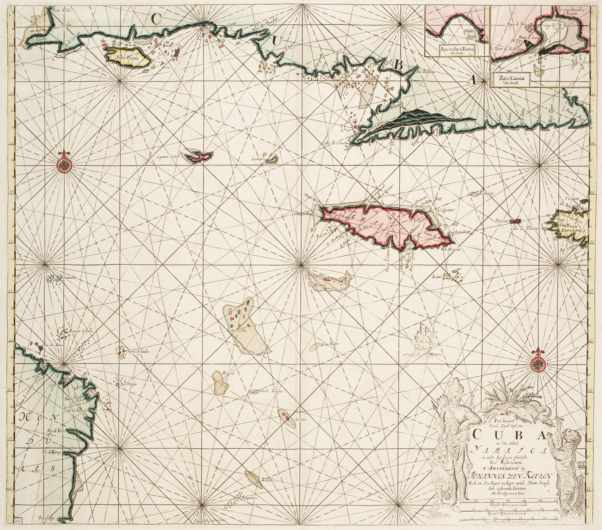 B.0032(109)4 [kaart 037]; Zeekaart van de zuidkust Cuba, met Jamaica en twee inzetkaarten van baaien in; zeekaart