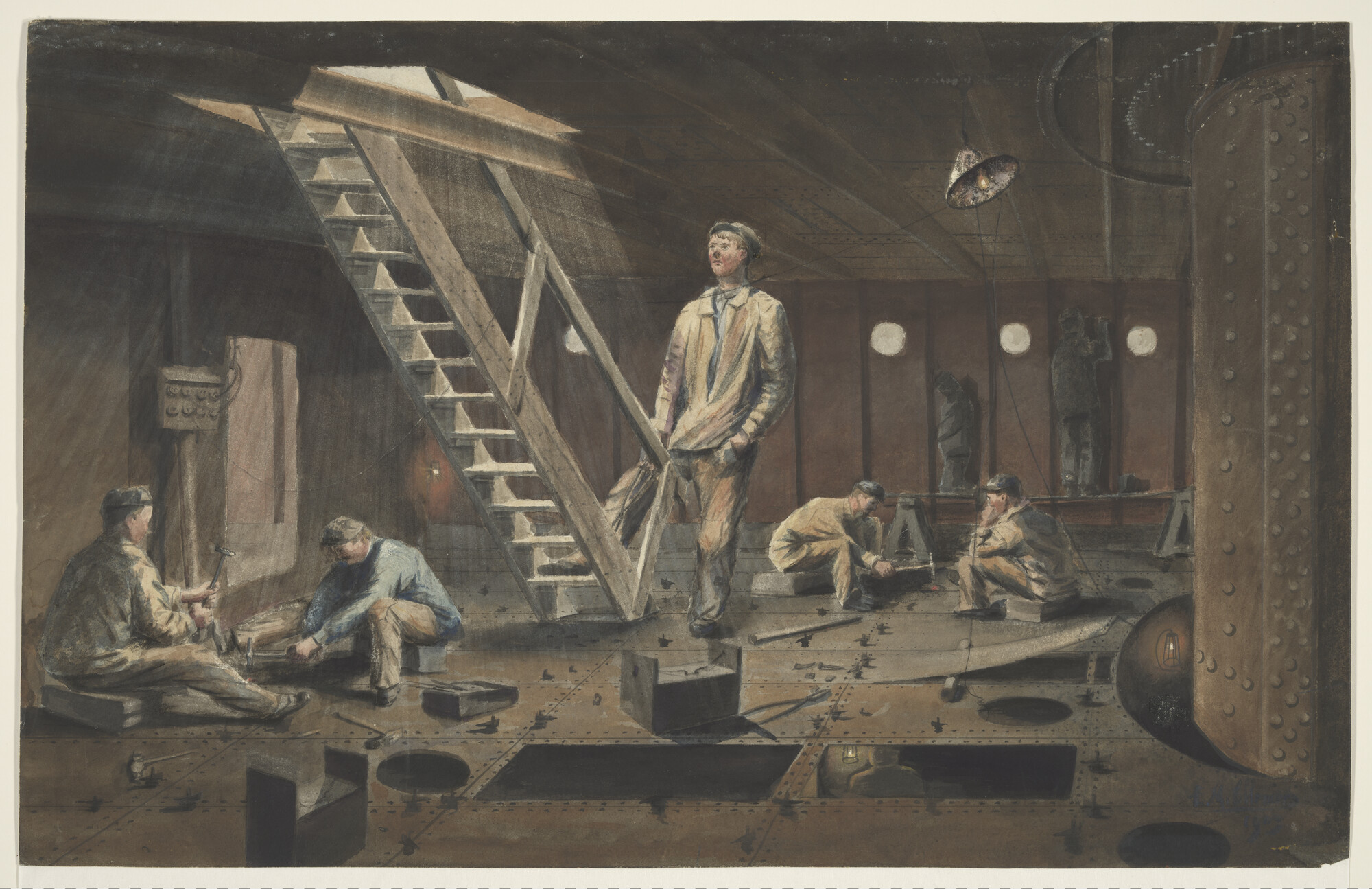 S.0086; Het pantserschip Zr.Ms. 'Hertog Hendrik' in aanbouw op de Rijswerf te Amsterdam; tekening