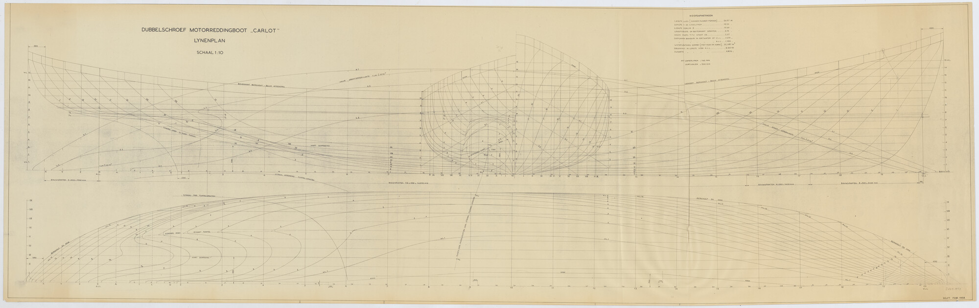2005.1953; Lijnenplan van de stalen dubbelschroef zelfrichtende motorreddingboot "Carlot"; technische tekening