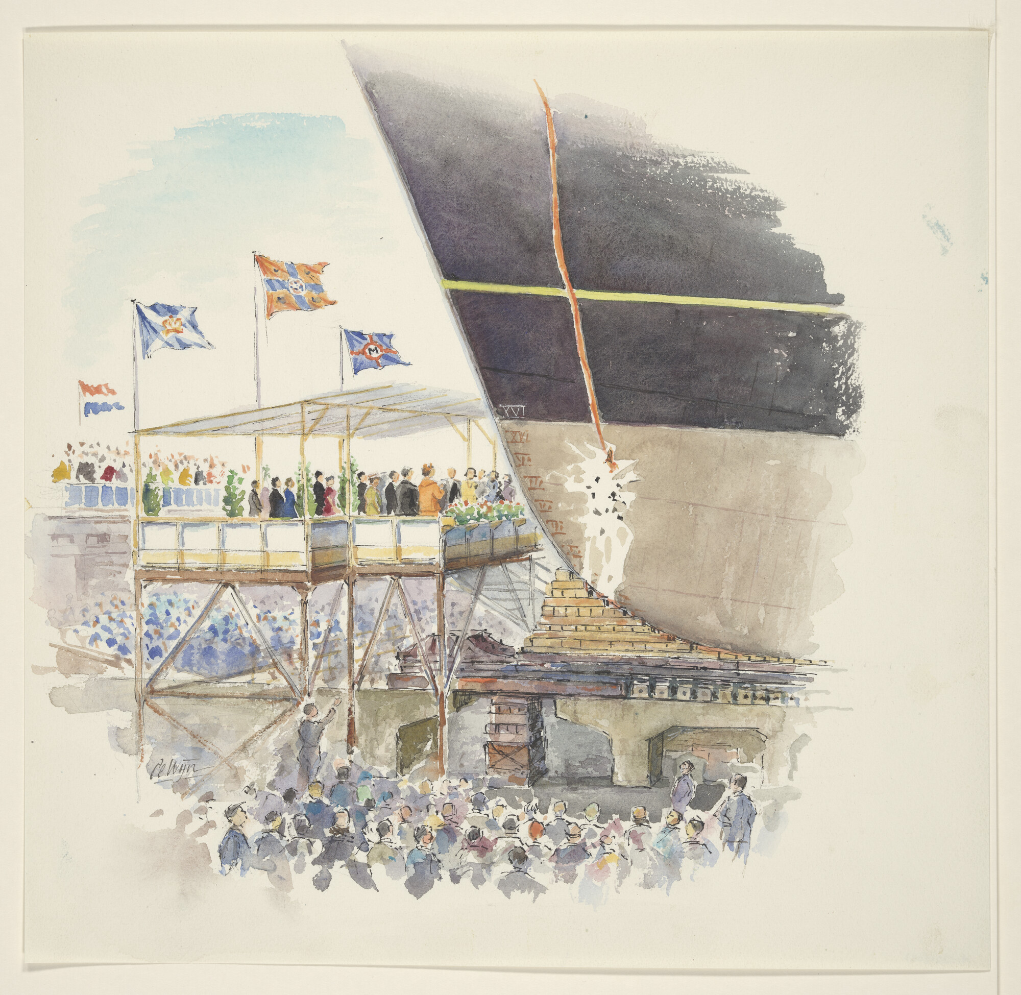 A.5321(02); De doop van het veerschip ms. Koningin Wilhelmina; tekening