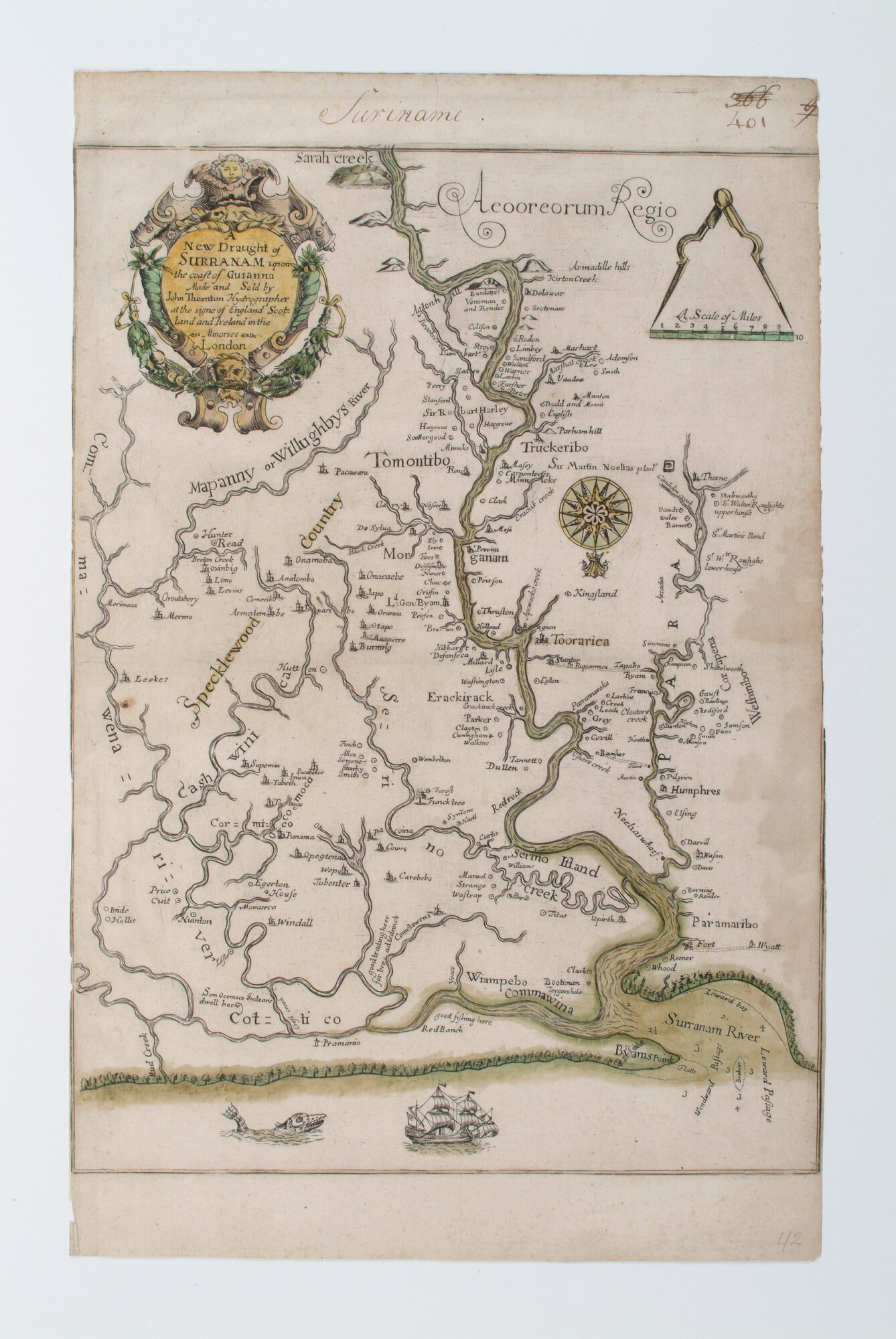 A.4237; Met de hand gekleurde kaart van de Suriname rivier in Zuid-Amerika; landkaart