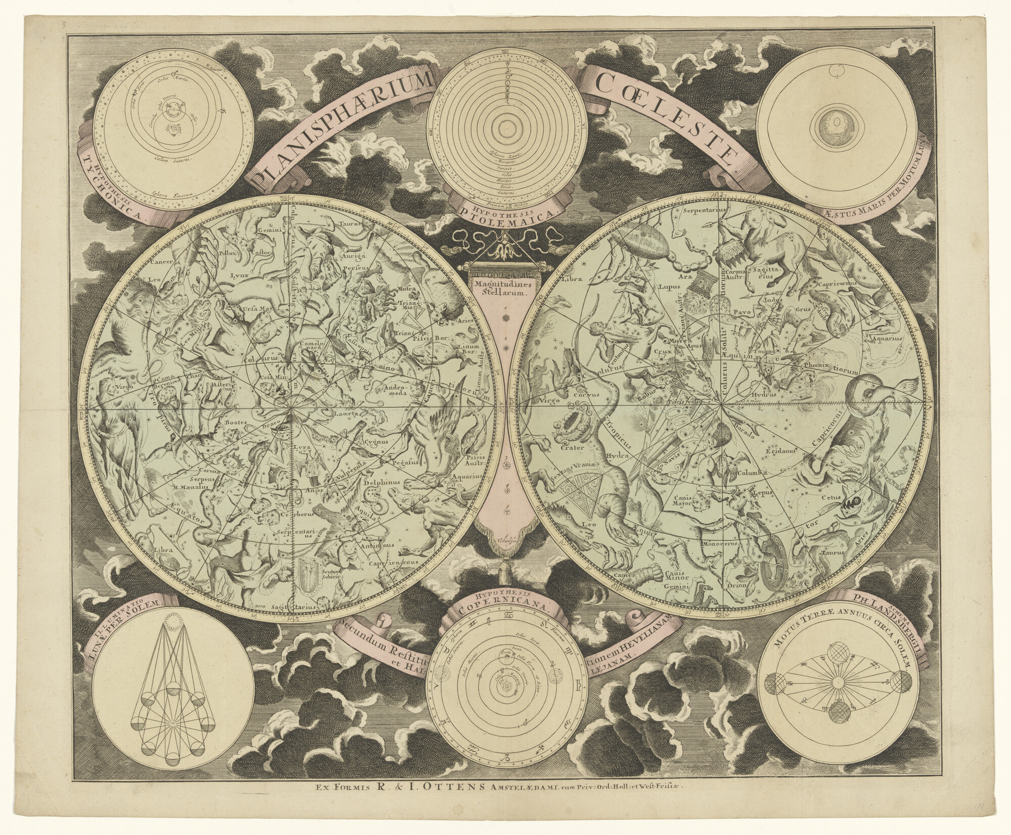 A.0145(211)153; Met de hand gekleurde sterrenkaart met de noordelijke en zuidelijke sterrenhemel; sterrenkaart