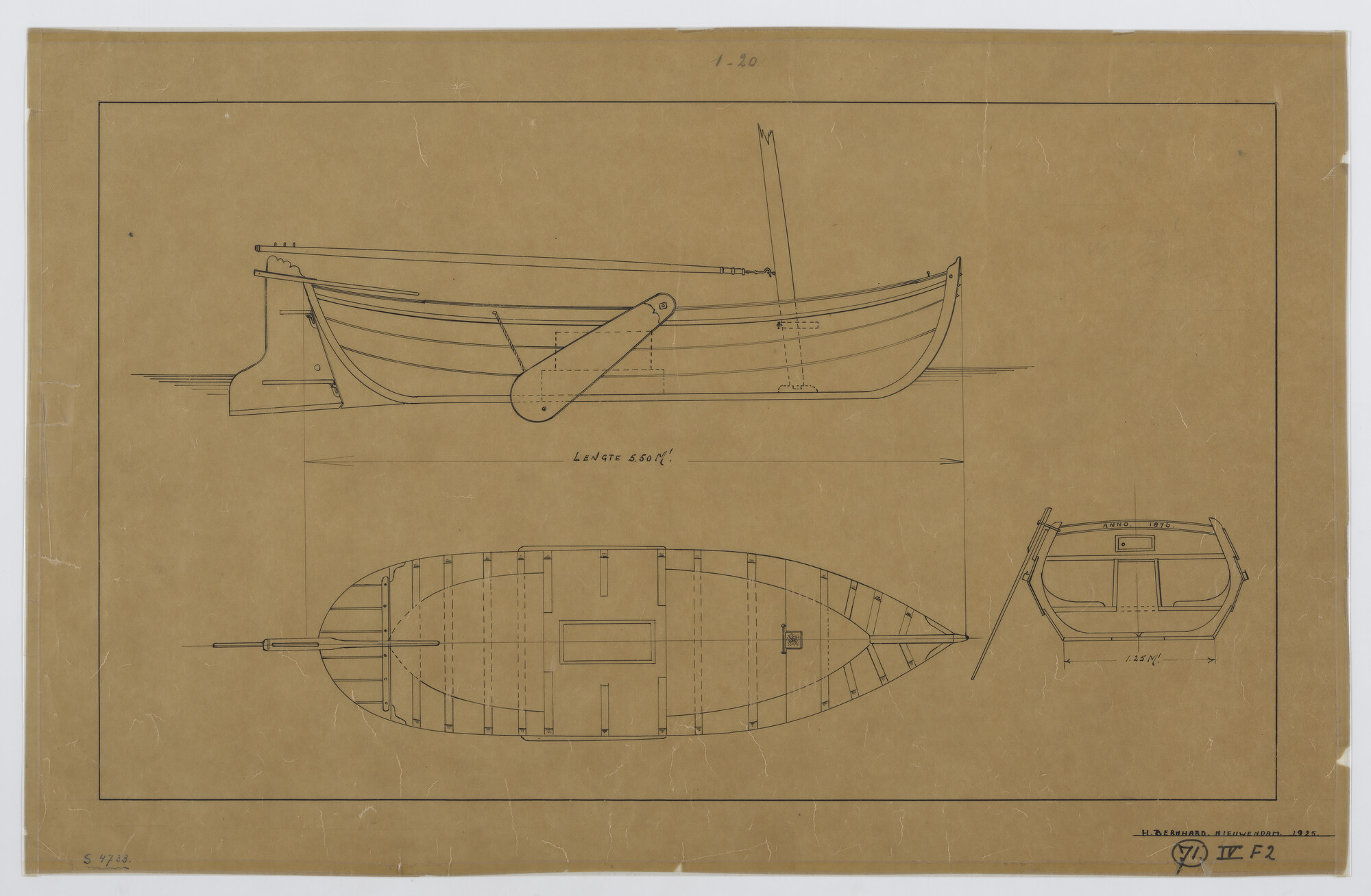 S.4733; Tekening van een kubboot (zij- en bovenaanzicht, dwarsdoorsnede); technische tekening