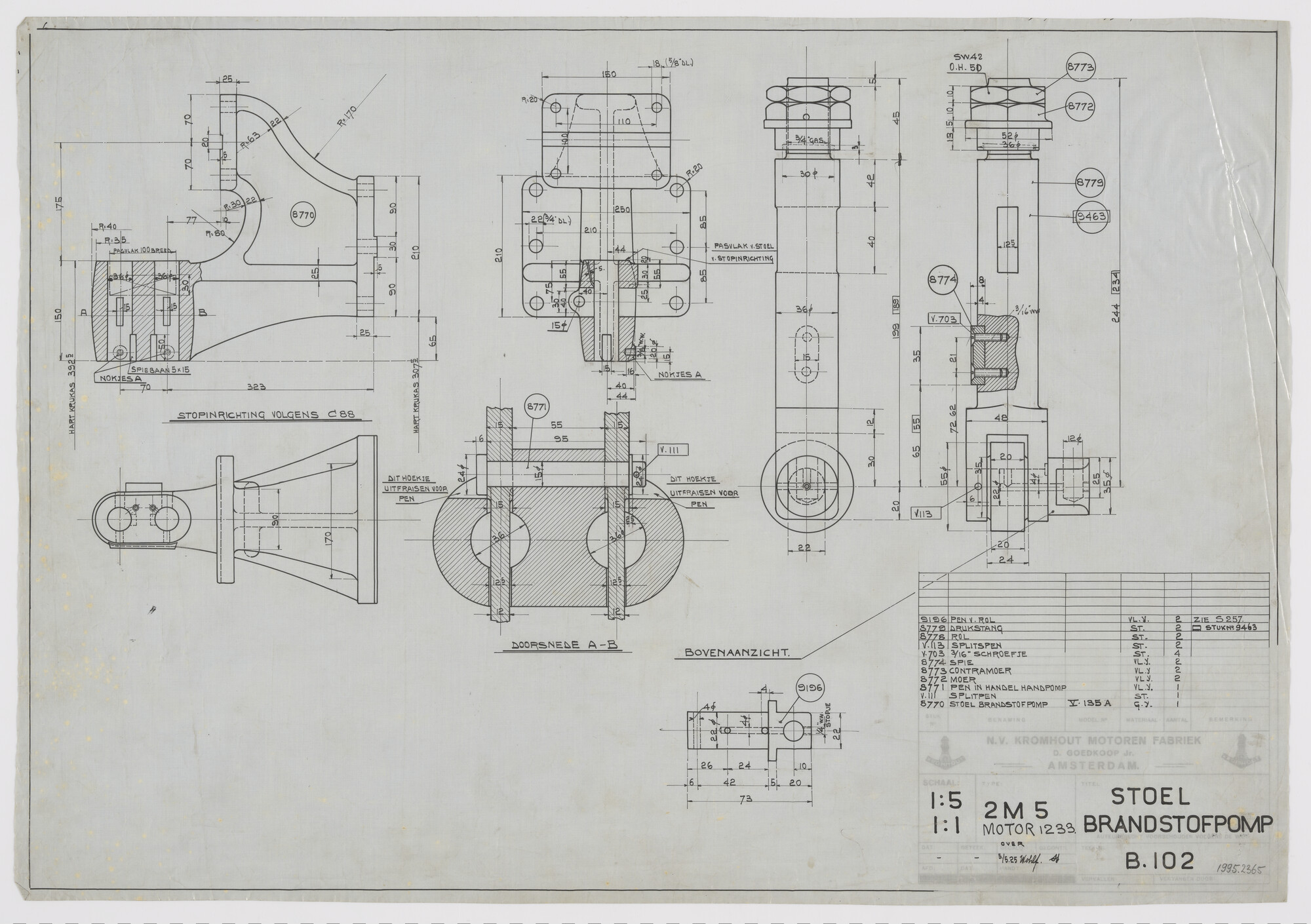 1995.2365; Stoel en brandstofpomp van Kromhoutmotor 2M5 nummer 1233; technische tekening