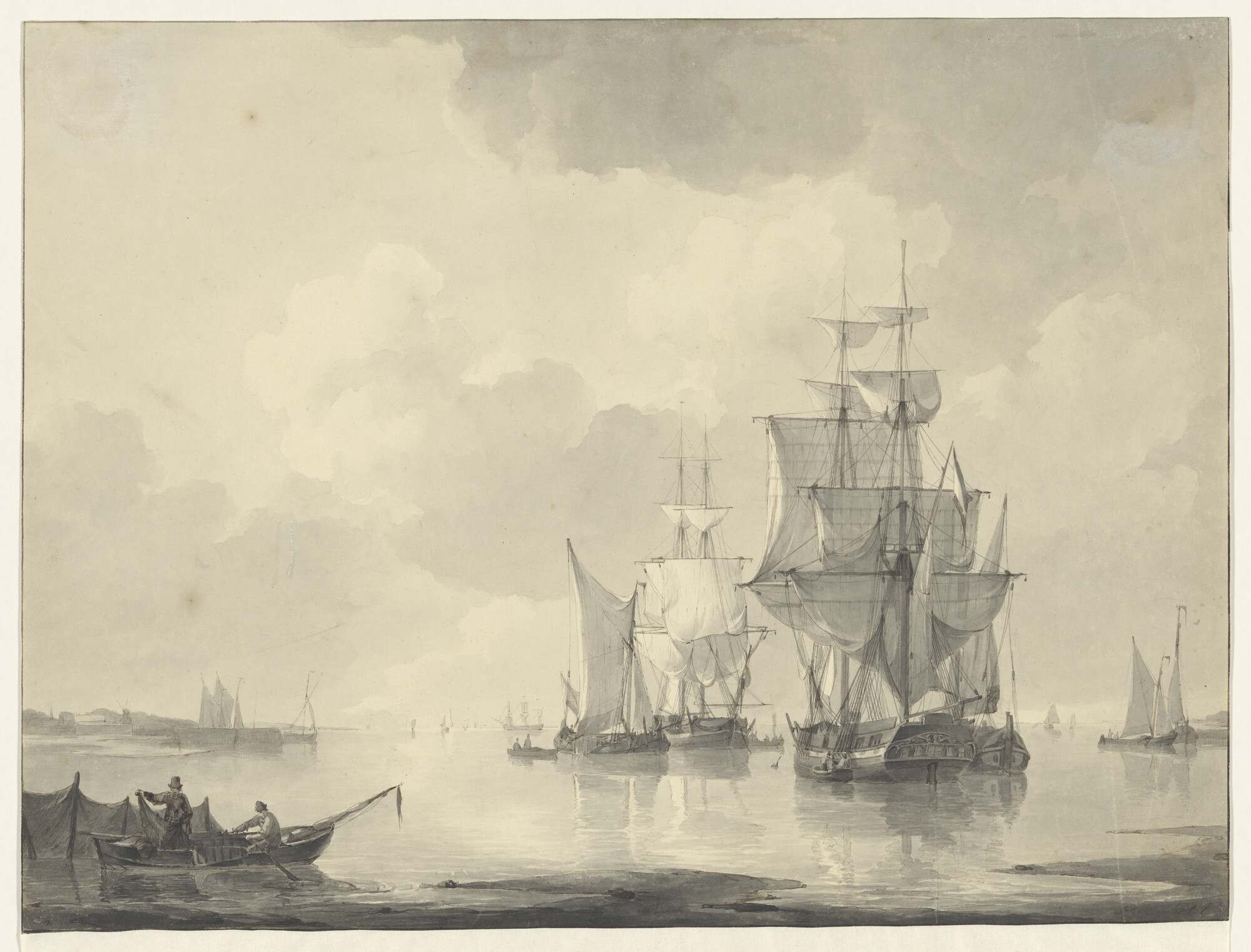 A.0149(0454); Twee brikschepen en enige binnenvaartschepen op een Nederlandse rede; tekening
