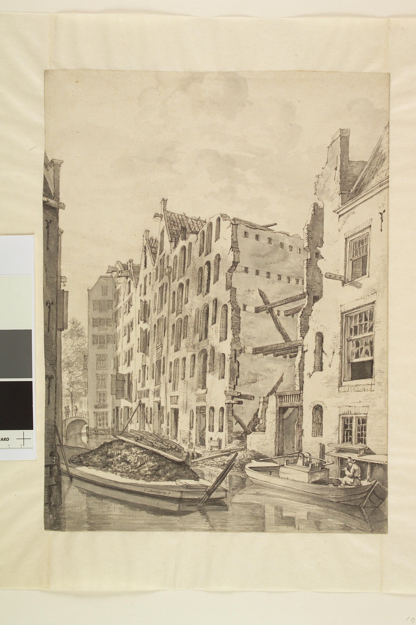 1990.0003; Het Kattegat te Amsterdam na de brand van de Nieuwe Lutherse Kerk, 1822; tekening