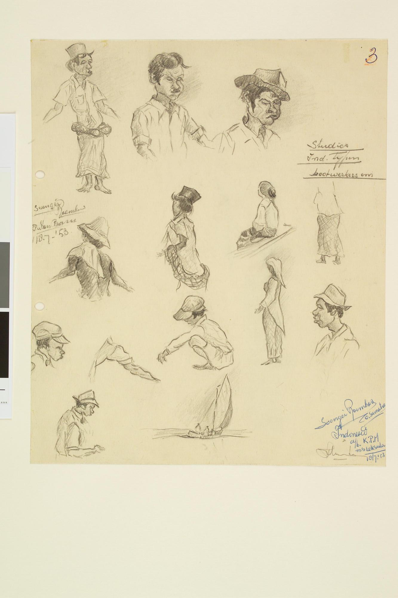S.4824(15); Studies van indonesische typen en een zeilschip; tekening