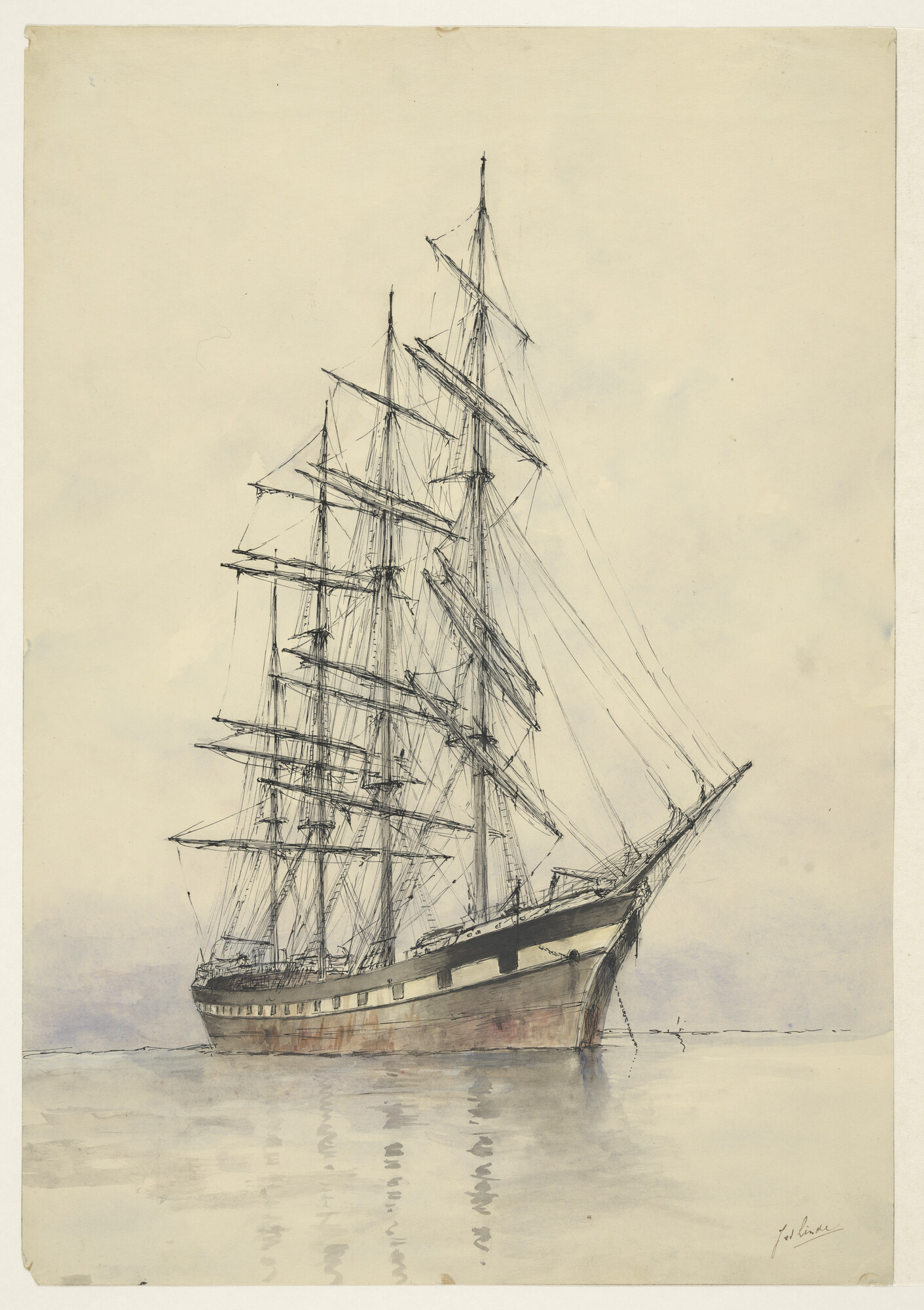 S.3088(12); Een viermast klipperfregatschip voor anker; tekening
