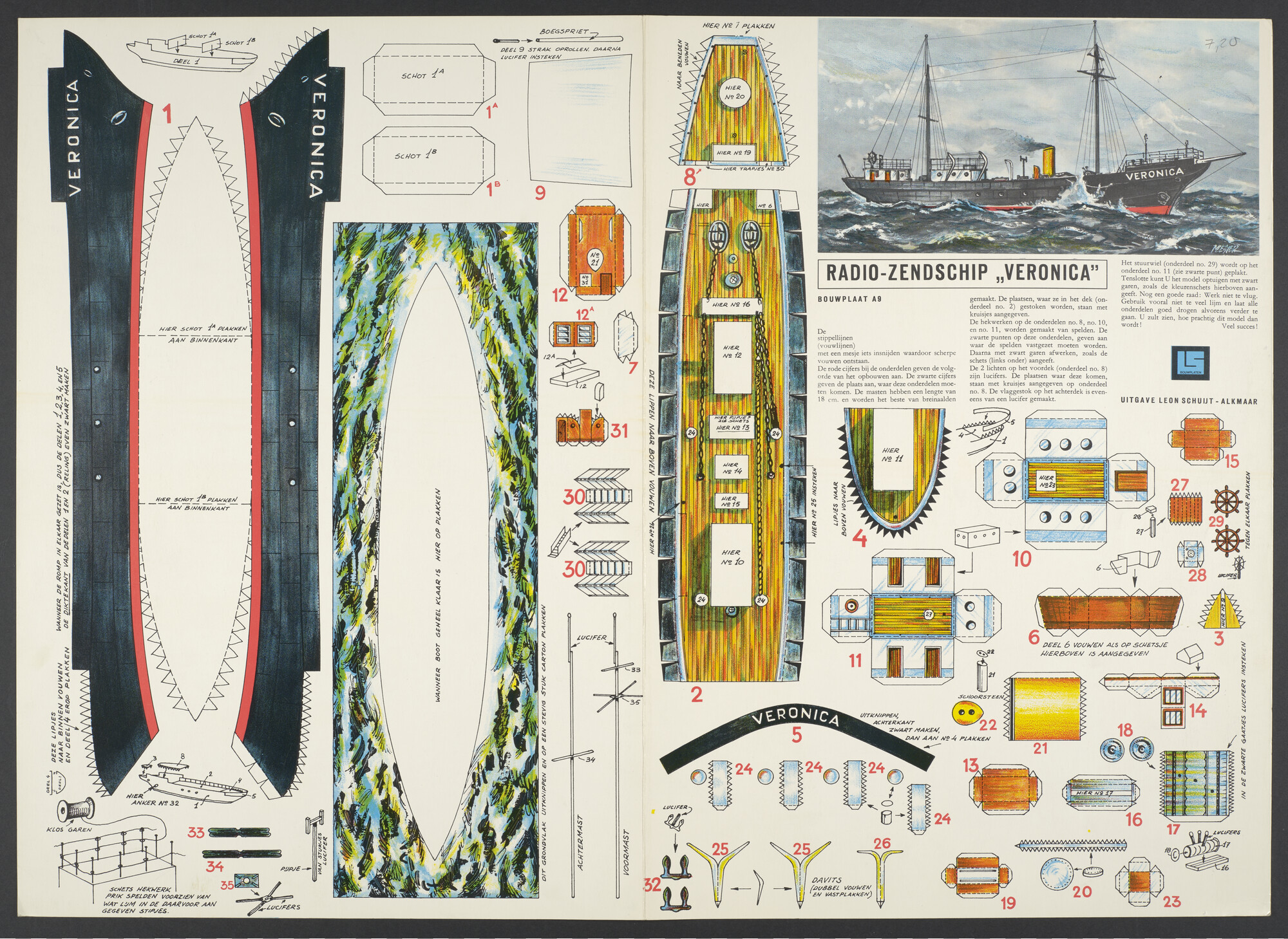 2018.0628; Bouwplaat voor een papieren model van zendschip Norderney van Radio Veronica; bouwplaat