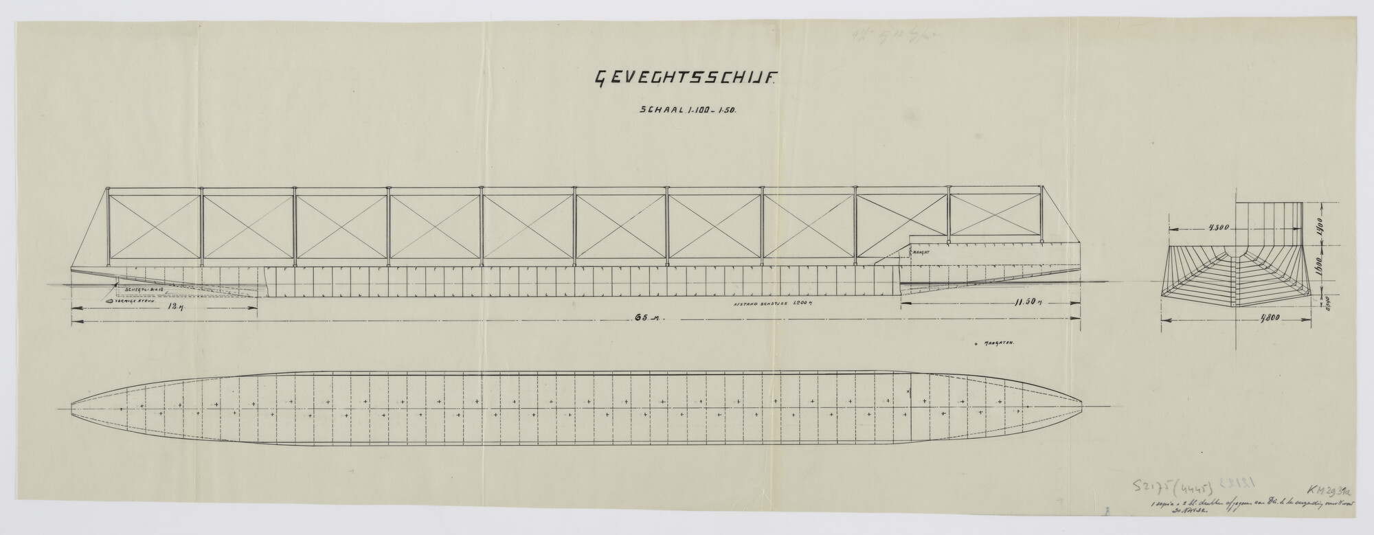 S.2175(4445); Gevechtsschijf bestaande uit tien schietschijven op ponton van 65 meter lengte (niet uitgevoerd ontwerp); technische tekening