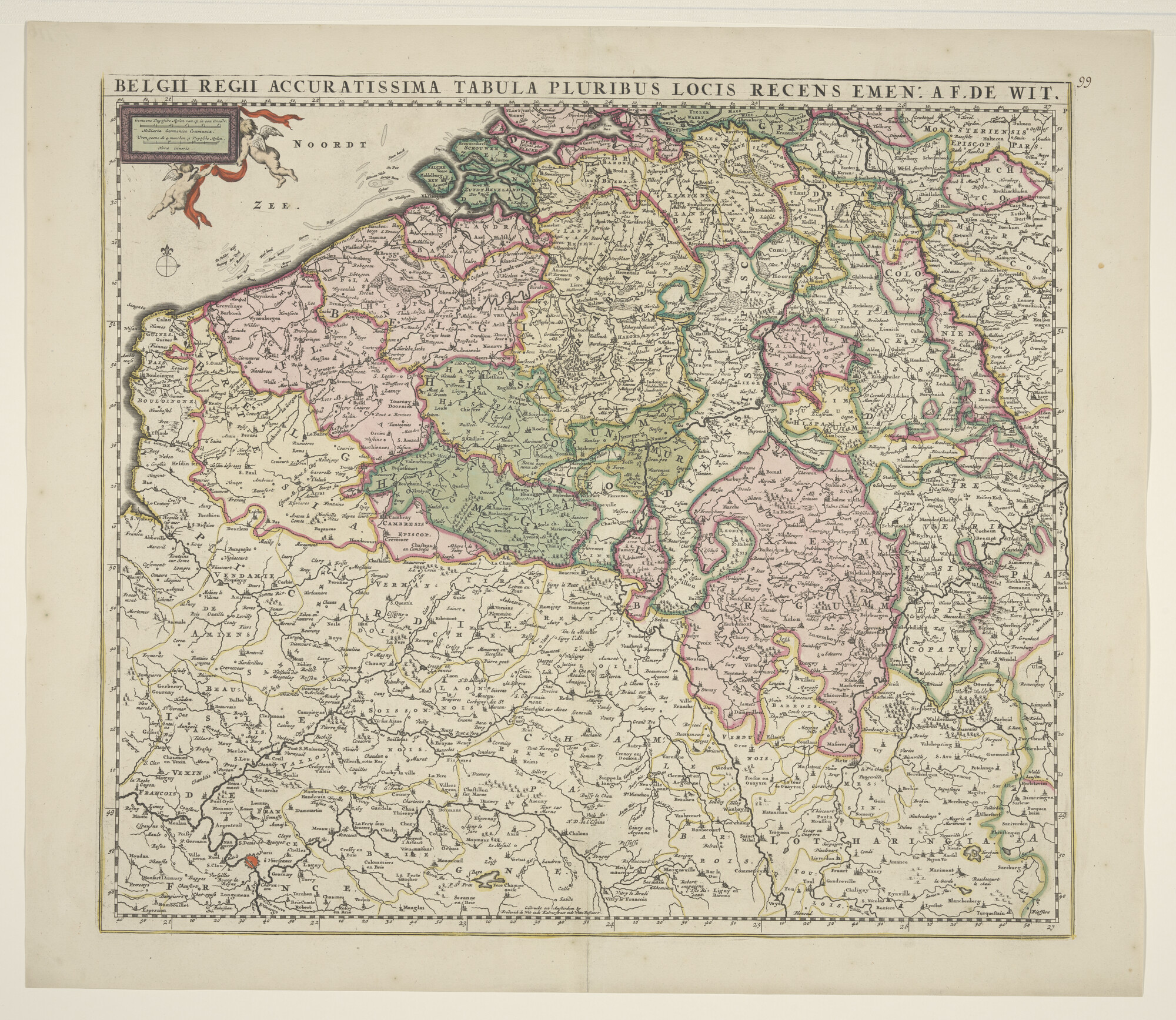 A.3845(01)017; Met de hand gekleurde kaart van België door Frederik de Wit (1610-1698) in de Kalverstraat inde Witte Pascaert; landkaart