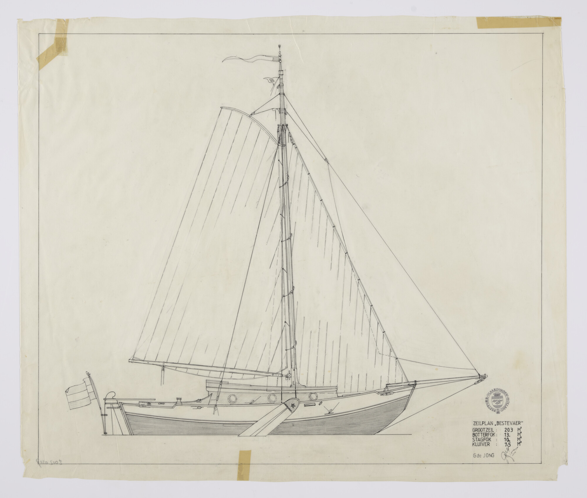 2012.0317; Zeilplan van de zeeschouw Bestevaer van 9.68 m; technische tekening