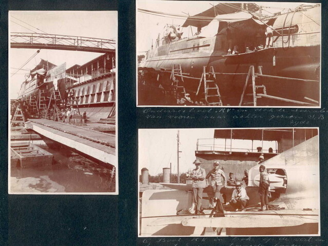 2001.1115; Blad uit een fotoalbum, met 6 fotos van onder meer de onderzeeboot Hr.Ms. K [...]; fotoalbum
