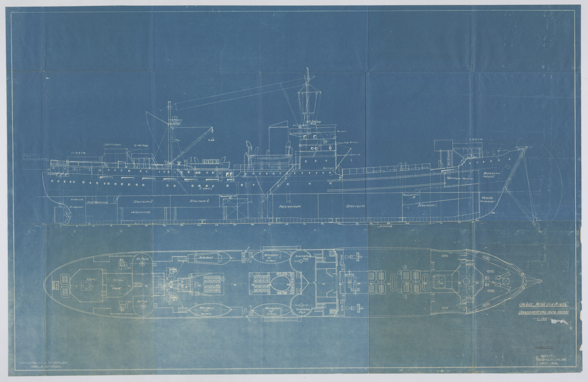 1989.0382; Algemeen plan van ms. 'Atlas' en ms. 'Midas', 1942; technische tekening