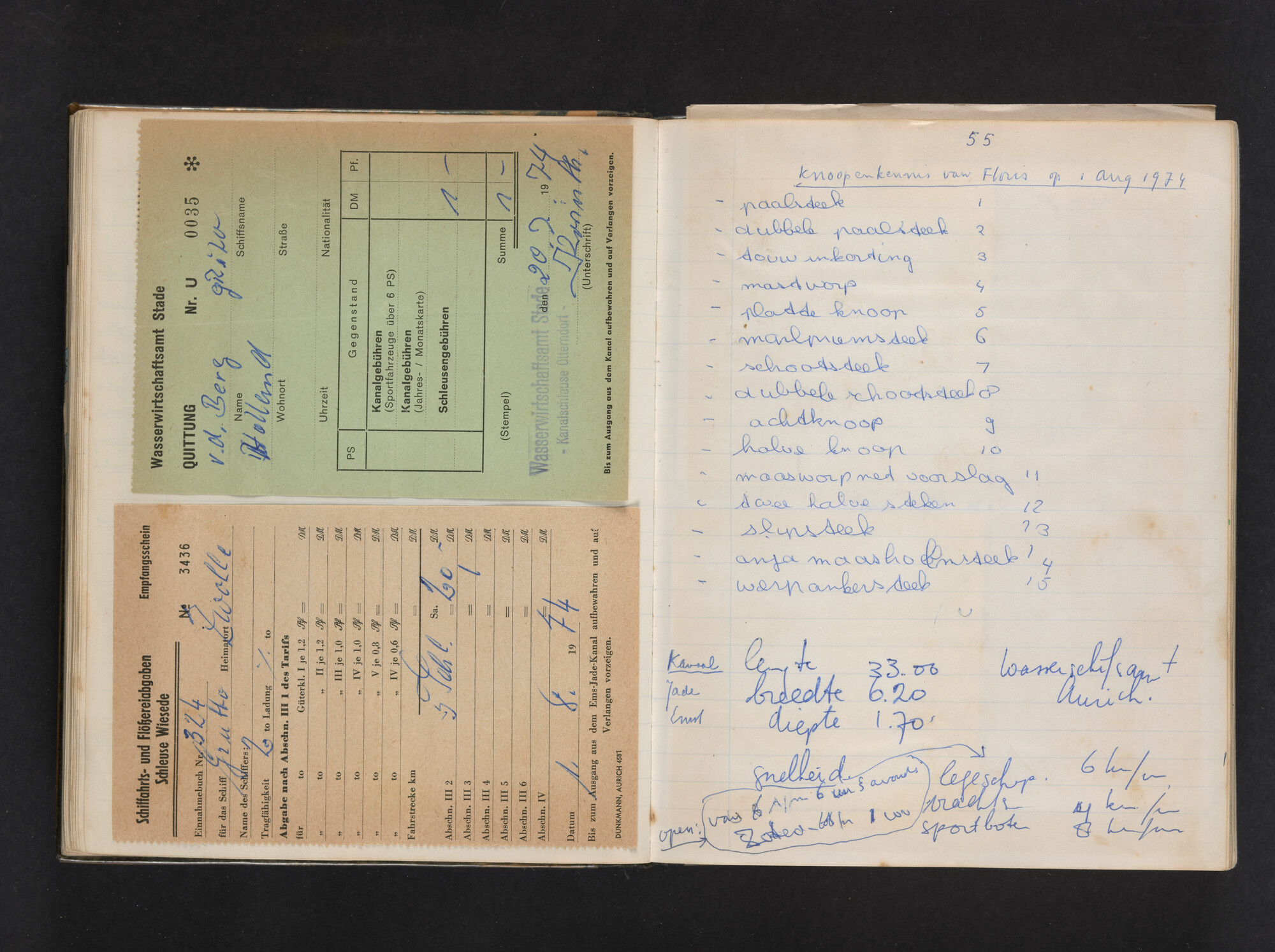 2017.0802; Logboek c.q. fotoalbum van reizen met zeeschouw Grutto (II) in Nederland, Duitsland en Denemarken, 1973-1974; logboek