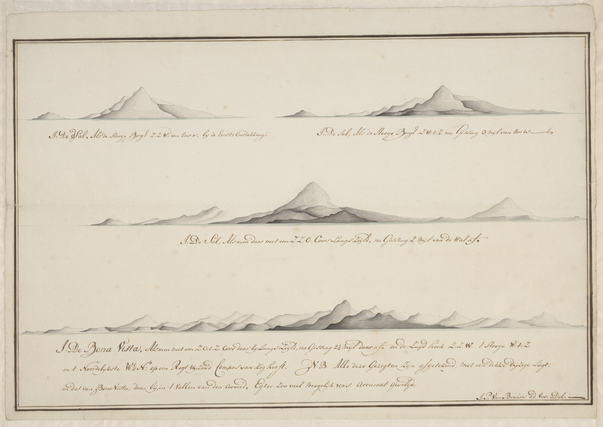 S.0597(06)1; Vier landverkenningen van de eilanden Sal en Boa Vista; tekening