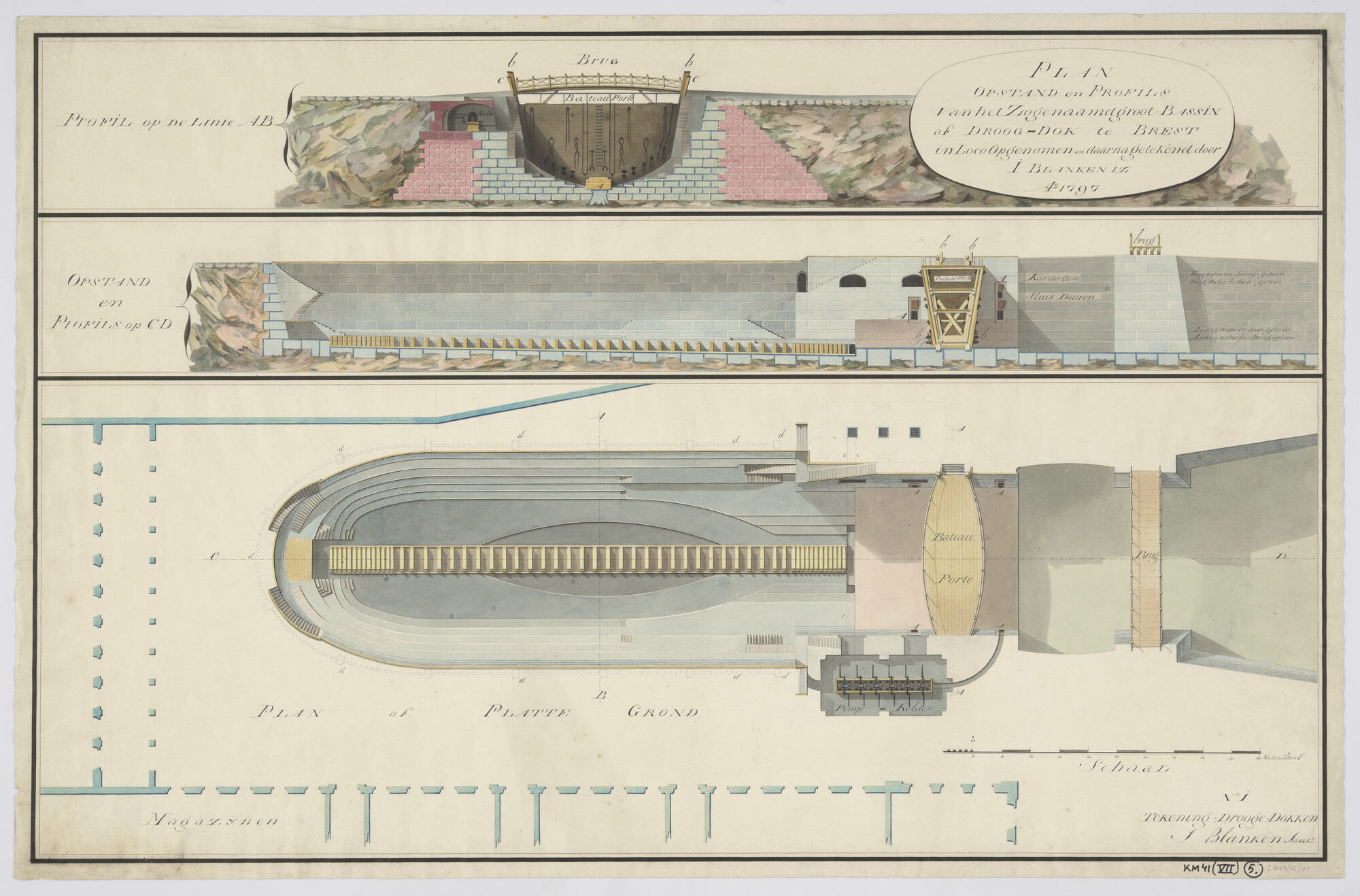 S.0049(15)01; Diverse aanzichten van het gerenoveerde oudste droogdok te Brest met bateau-porte (schipdeur) en pompkelder; technische tekening