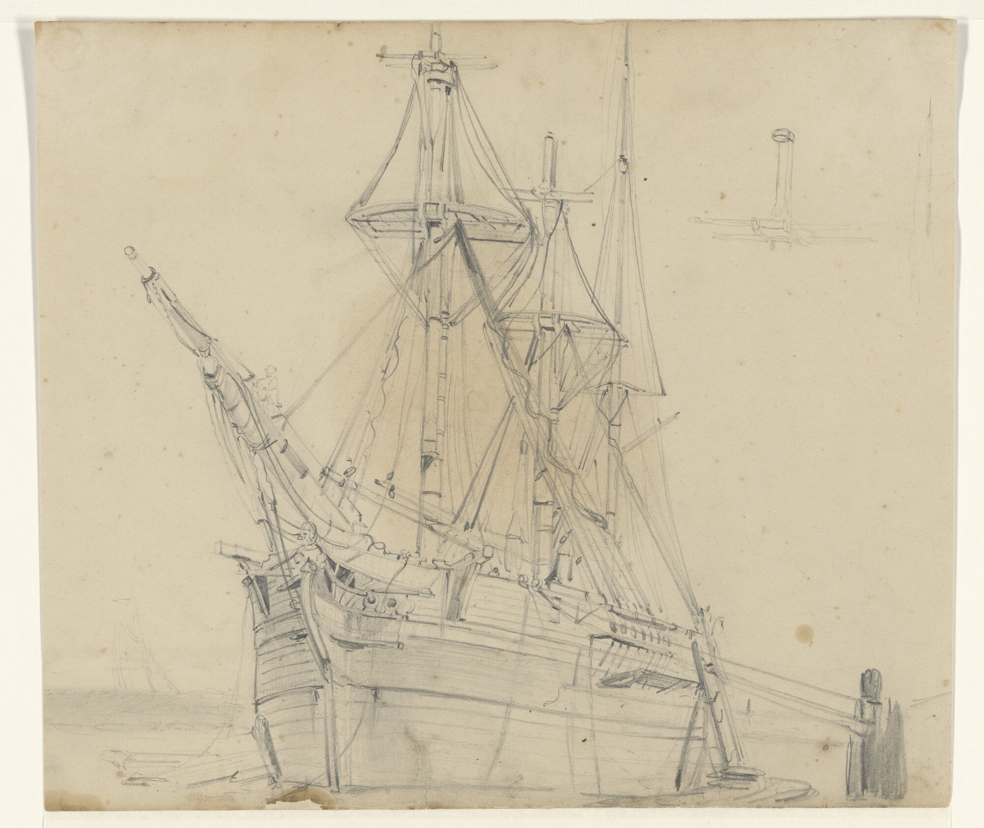 A.3452(10); Een barkschip afgemeerd aan de kade; tekening